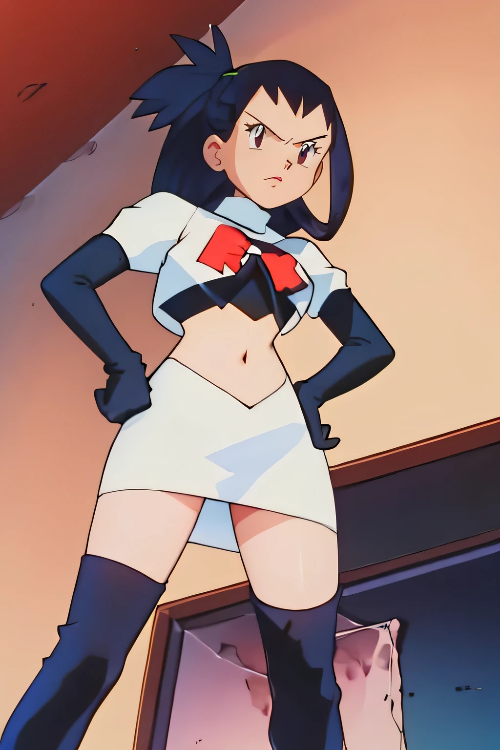 irisb dark skin, glossy lips,masterpiece, best quality, highres,team rocket uniform, red letter r, white skirt, white crop top, black thigh-high boots, black elbow gloves, glaring angrily, looking down at viewer, hands on hips, full body seen, zettai ryouiki