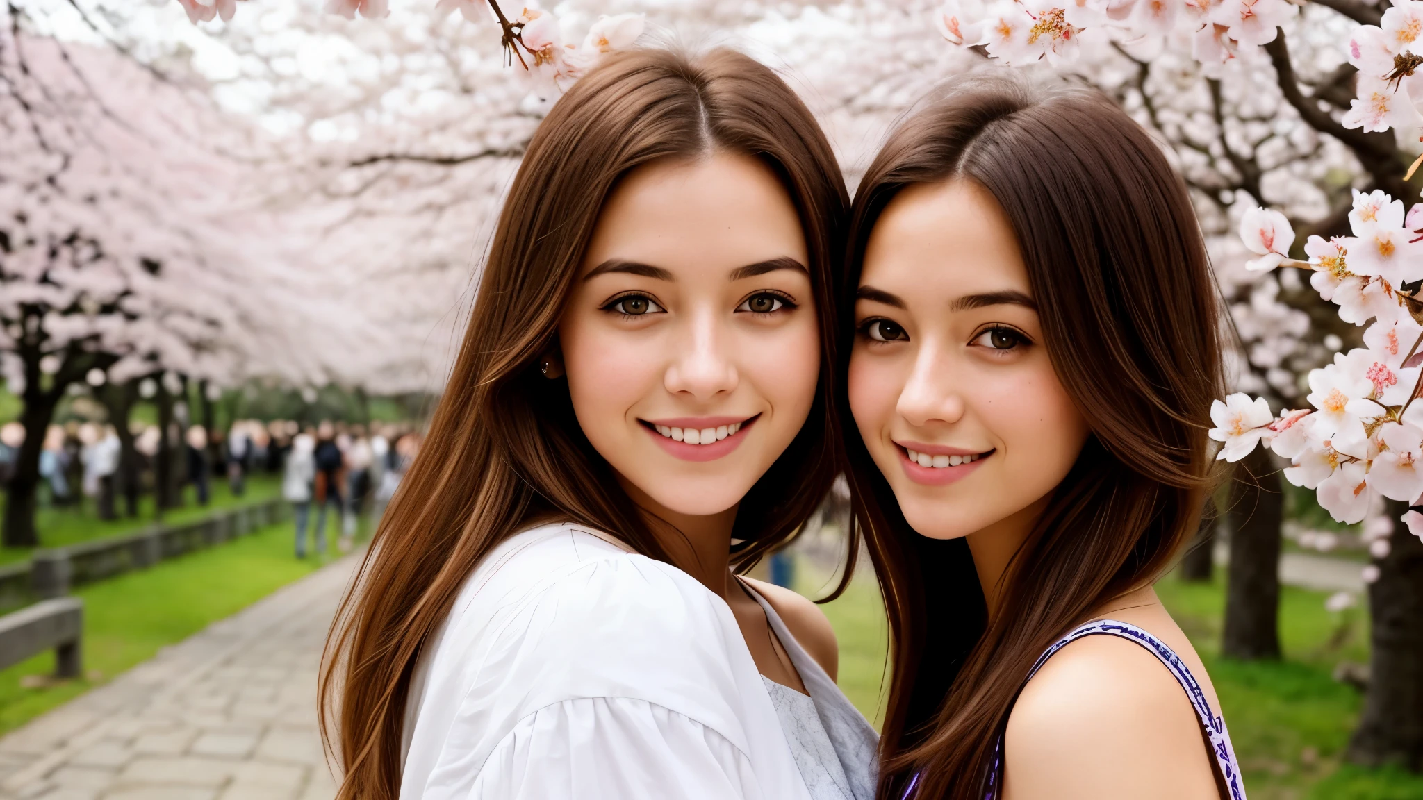 Instagram pictures, 1French Girl, Shoulder length hair, with light blonde hair, Close-up photo, Walking in a public garden with cherry blossom, Japan, smiling a little,
