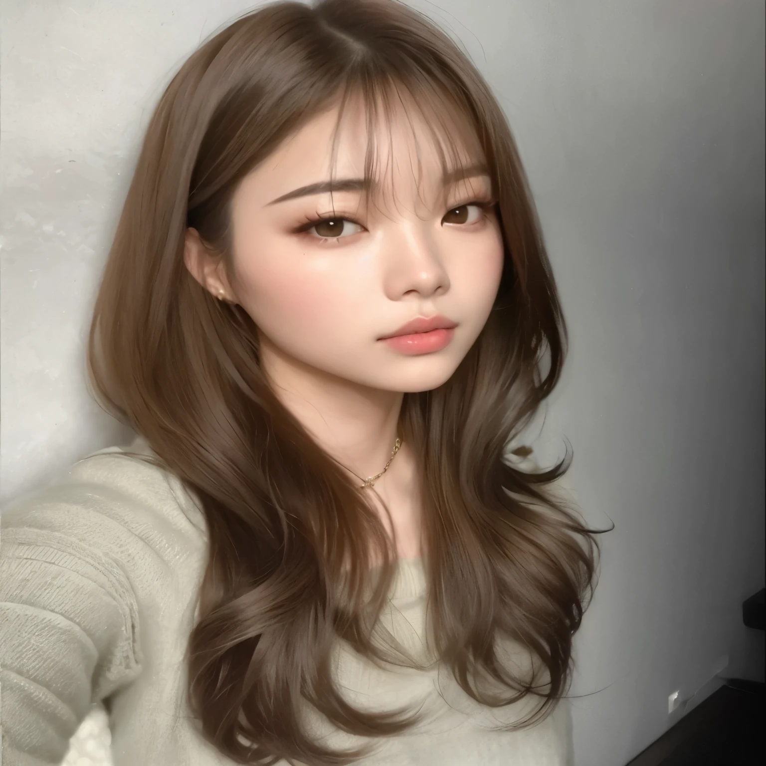 a close up of a woman with long hair and a sweater, jennie blackpink, o corte Hime,  coreana, franja marrom, young lovely korean face, franja repartida ao centro, com rosto redondo, cabelo castanho com franja, linda mulher sul-coreana, young pale and beautiful asian face, lindo rosto de garotas japonesas, sakimichan, Ulzzang, cabelo arrumado com franja