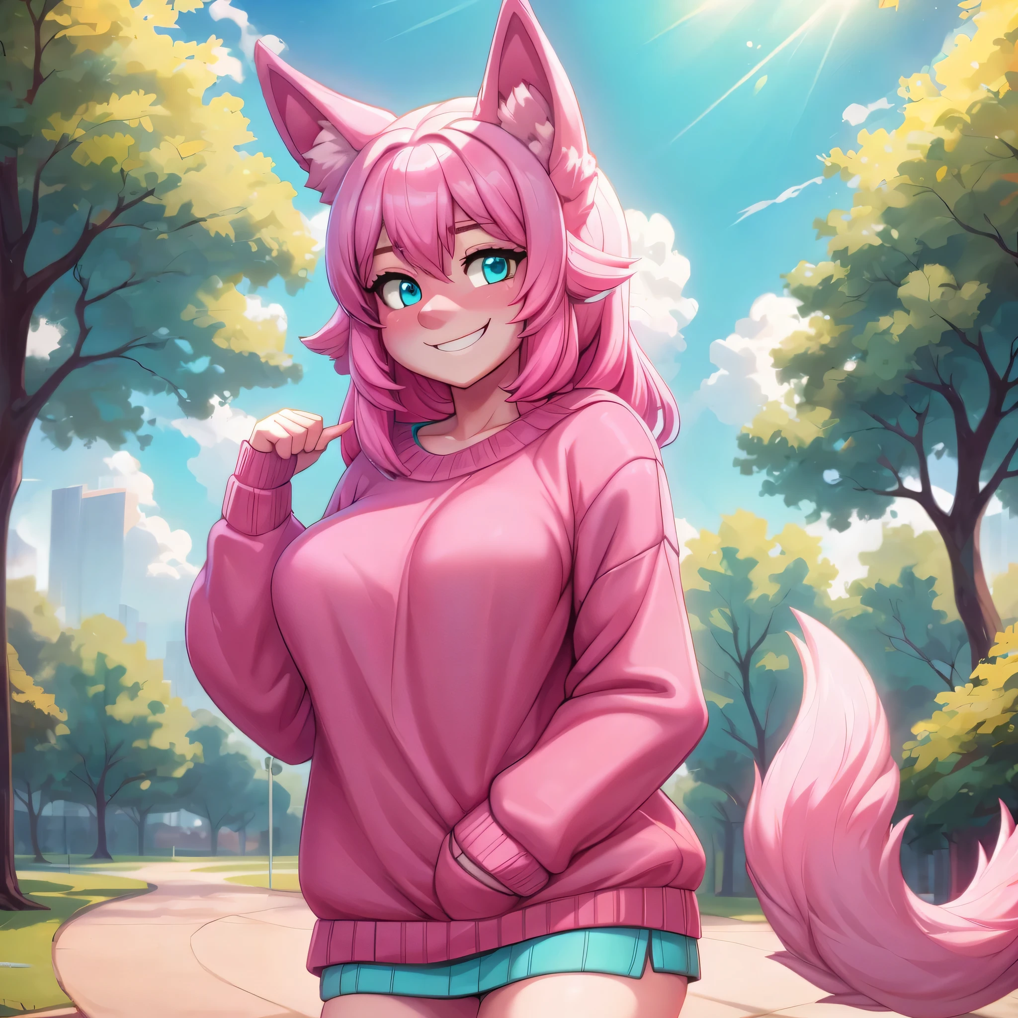 (Masterpiece) (High Detail) (High Res) A close up of A short humanoid girl with pale skin and turquoise eyes and long pink hair and pink dog ears and a big fluffy pink dog tail and average breasts is stood alone in the park. She is wearing an oversized sweater and is smiling shyly. Pink Hair, Pink Tail.