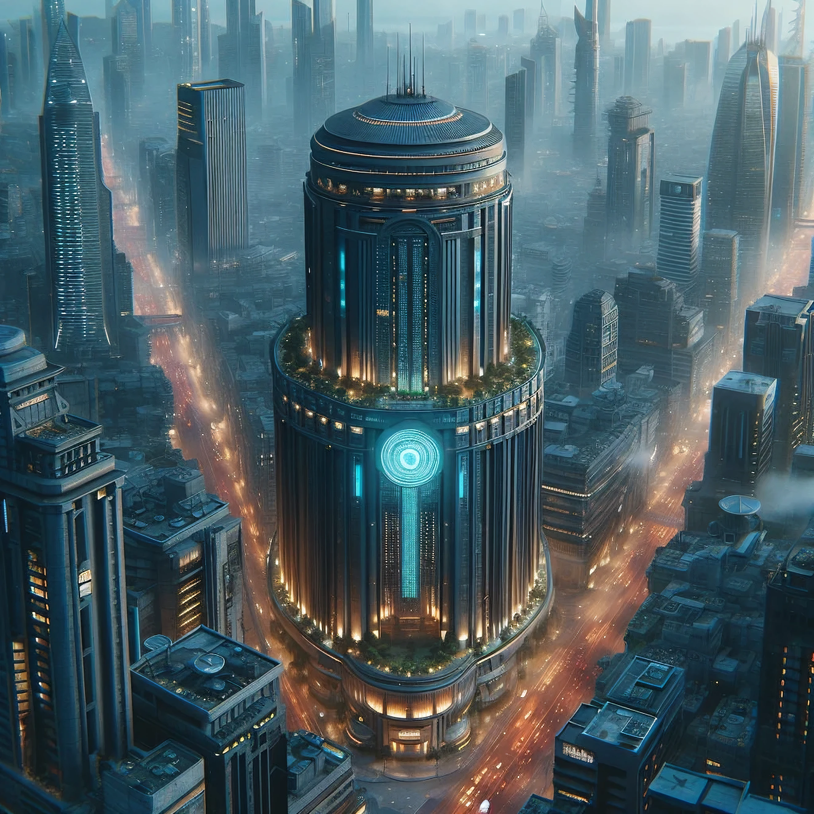 futuristic city with a futuristic clock tower in the middle of the city, in fantasy sci - fi city, 3 d render beeple, cyberpunk building, ancient sci - fi city, arstation and beeple highly, concept art | beeple, cyberpunk architecture, hyper realistic cyberpunk city, huge futuristic temple city, beeple rendering, cyberpunk buildings