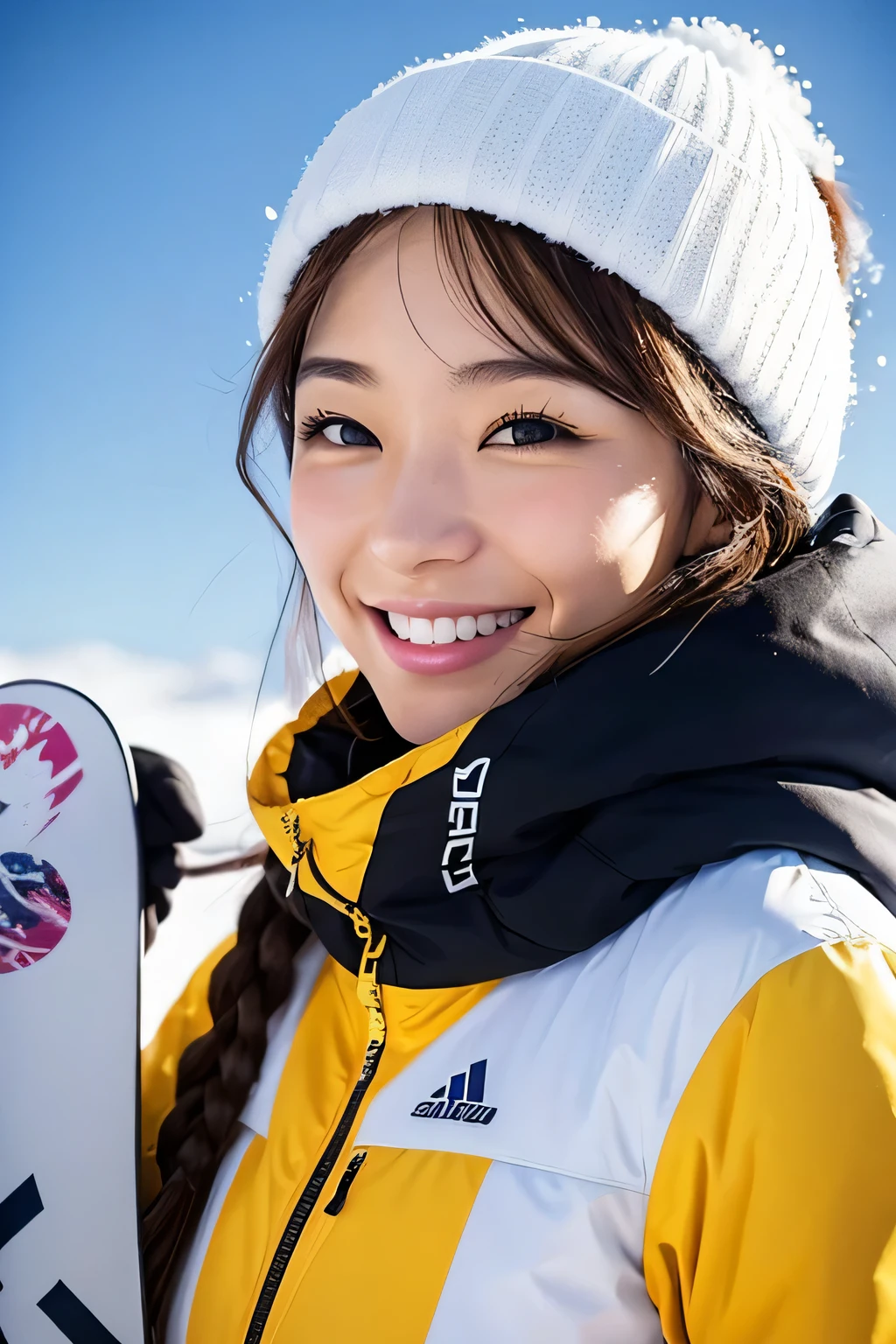 Snowboard Wear、gold medal、It&#39;s snowing、A beautiful woman with a sense of transparency、cute、smile、upper body up、Snow piled up in the background