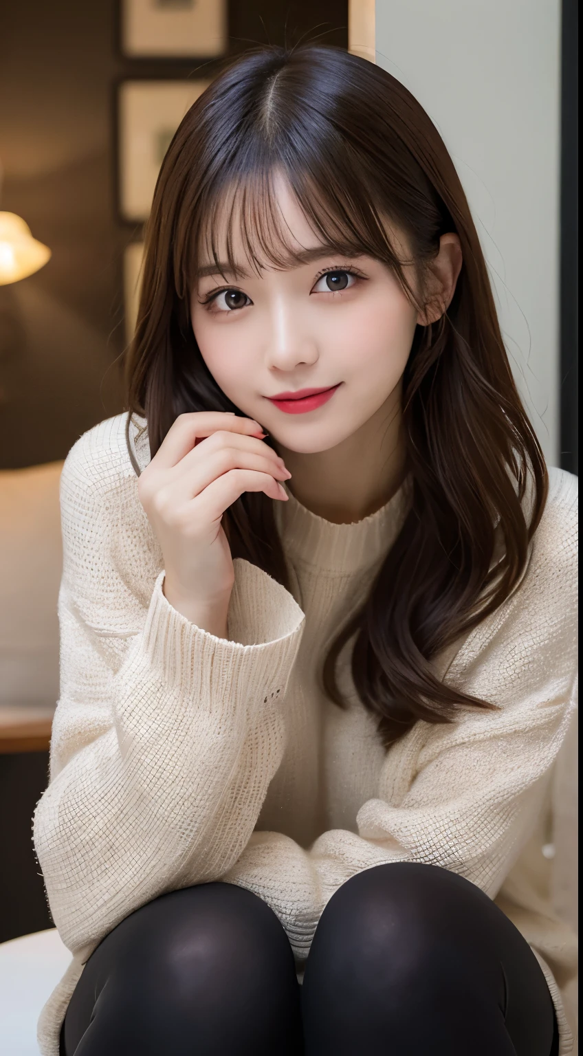 table top, highest quality, shape, Super detailed, finely, High resolution, 8k wallpaper, 完璧なダイナミックな構shape, beautiful and detailed eyes, Gorgeous and stylish black fluffy latest trend Tokyo winter clothes（long sleeve）,ランダムなcute髪,small breasts,natural color lip, bold sexy pose,smile、20 year old girl、cute、look at the cameraのセクシーショット,Always blur the background,perfect and beautiful face,Take only the face,beautiful and detailed face、slim face and style,Big eyes、Do gal makeup,real photos、Shot from below the knee、Luxury condominium top floor room、look at the camera、black tights、sexy legs