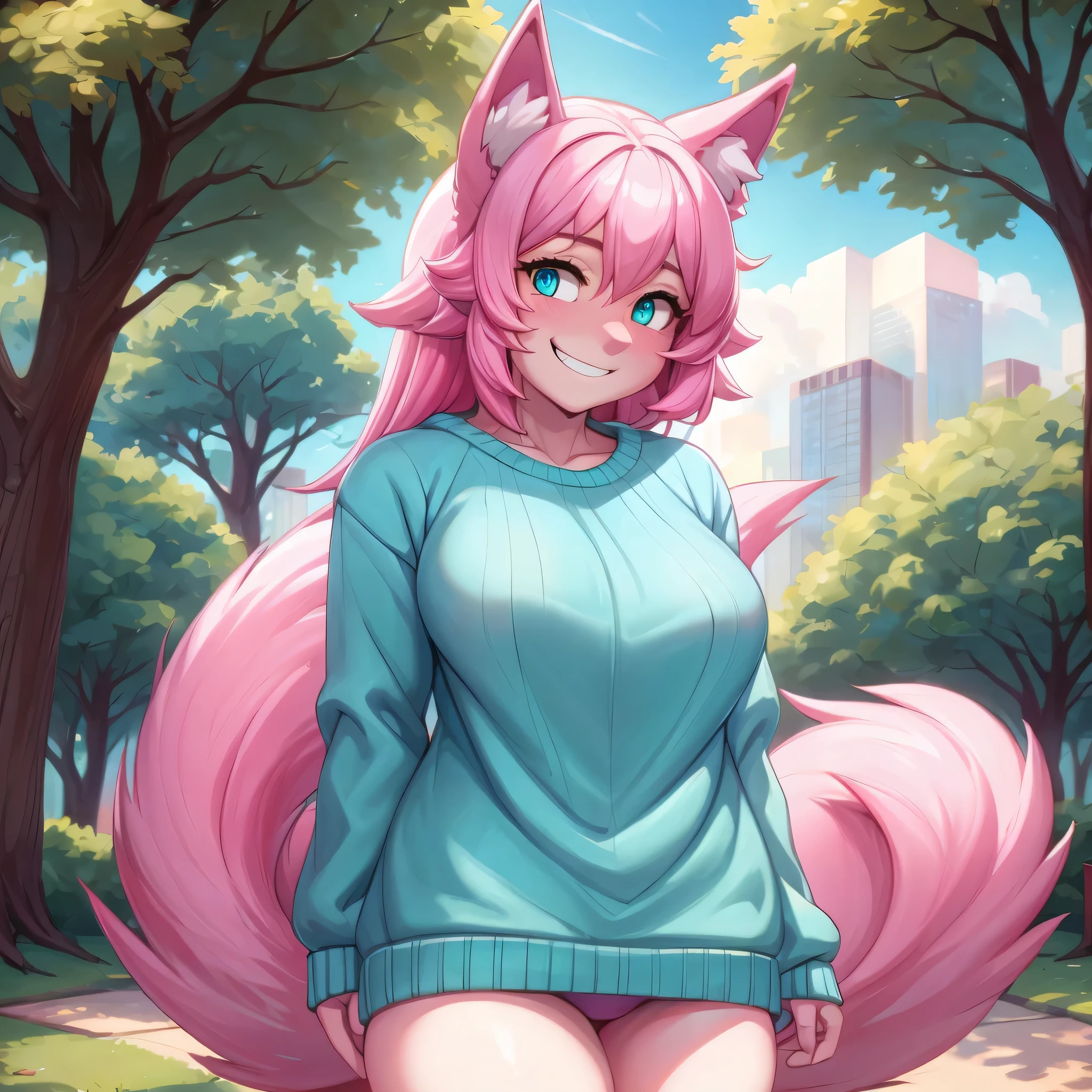 (Masterpiece) (High Detail) (High Res) A close up of A short humanoid girl with pale skin and turquoise eyes and long pink hair and pink dog ears and a big fluffy pink dog tail and average breasts is stood alone in the park. She is wearing an oversized sweater and is smiling shyly. Pink Hair, Pink Tail.