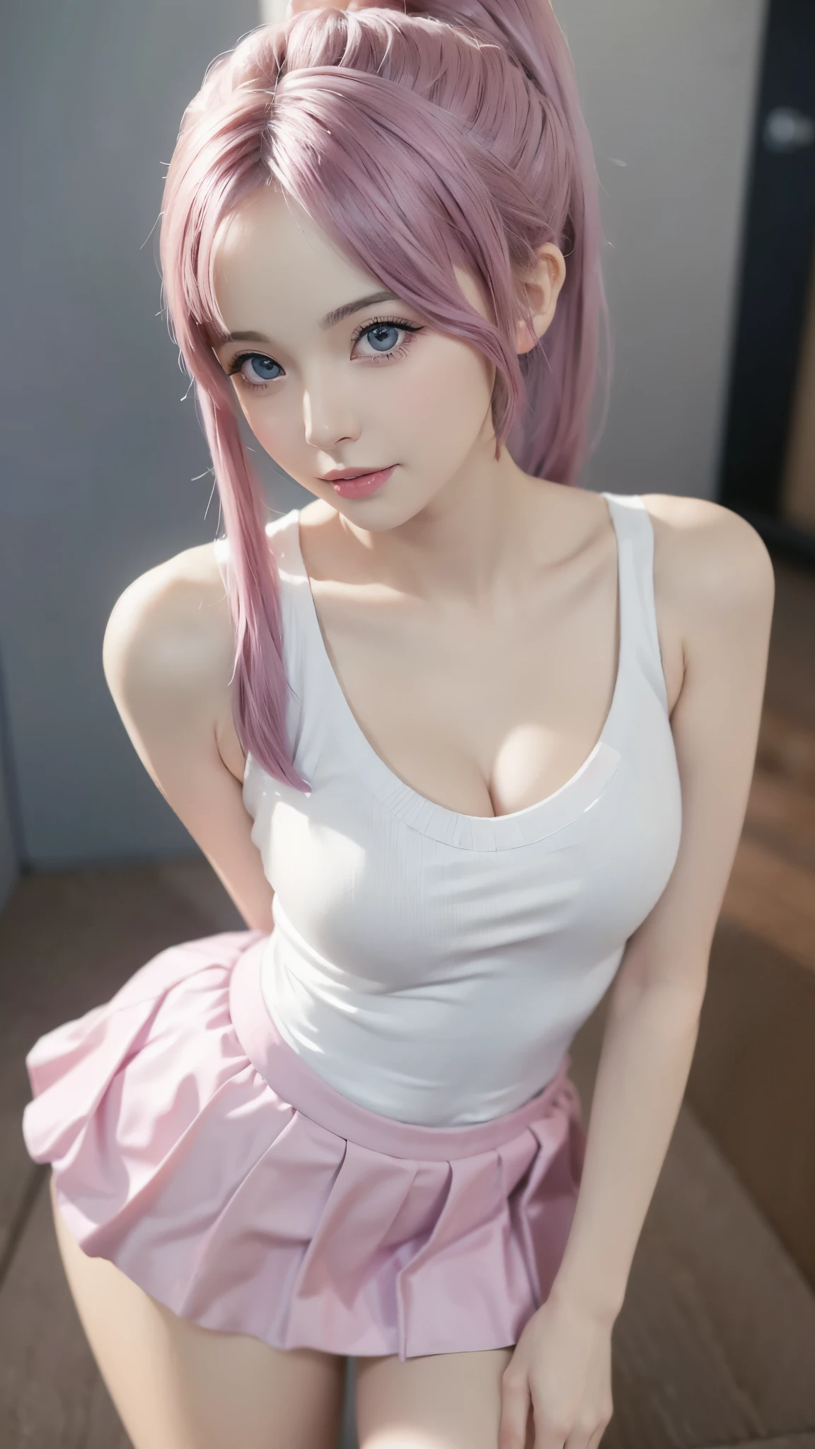 Close-up of a woman wearing a pink vest and skirt, pale milky porcelain skin, fair skin, skin smooth and translucent, anime manga girl, beautiful anime woman, surreal sweetness, white color hair , high ponytail colorful eyes, pale porcelain white skin, smooth and realistic perfect body, anime manga girl, realistic shadow perfect body, Guwitz masterpiece