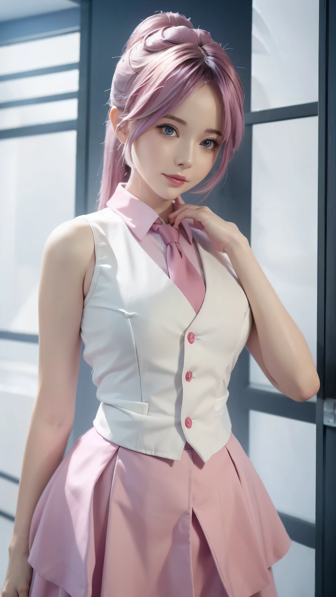 Close-up of a woman wearing a pink vest and skirt, pale milky porcelain skin, fair skin, skin smooth and translucent, anime manga girl, beautiful anime woman, surreal sweetness, white color hair , high ponytail colorful eyes, pale porcelain white skin, smooth and realistic perfect body, anime manga girl, realistic shadow perfect body, Guwitz masterpiece