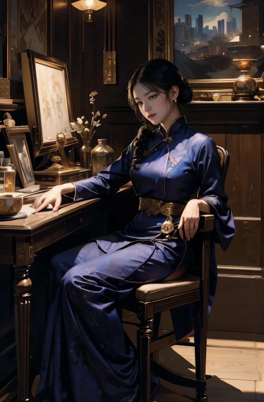 A painting of a beautiful young woman standing quietly, 美しいHongkongの夜景, flower of society, She is wearing an elegant purple cheongsam, Inspired by Chen Yifei, Inspired by Francesco Hayez, Inspired by Hendrik Terbruggen, Jean=Works that influenced Auguste Dominique Ingres, Inspired by Liu Jun, Jean=Works that influenced Auguste Dominique Ingres, highest quality, perfect angle, perfect composition, best shot, official art, cinematic light, figurative art, Beautiful and expressive paintings, Beautiful artwork illustration, wonderful, cool beauty, clear, Mysterious, highest quality, official art, perfect composition,perfect angle, best shot, women only, sharp outline, In the middle of a conspiracy, The face behind the scenes, dark mission, first class agent, government agent, Top big-name spy, A talented female spy, Spy, Spy X21, carry a concealed gun and knife, Eyes without pupils, color eye, ideal anima, melancholy, nostalgia, romantic, 1930s, Hongkong, beautiful cityscape, sepia memories, unforgettable woman, Full body Esbian