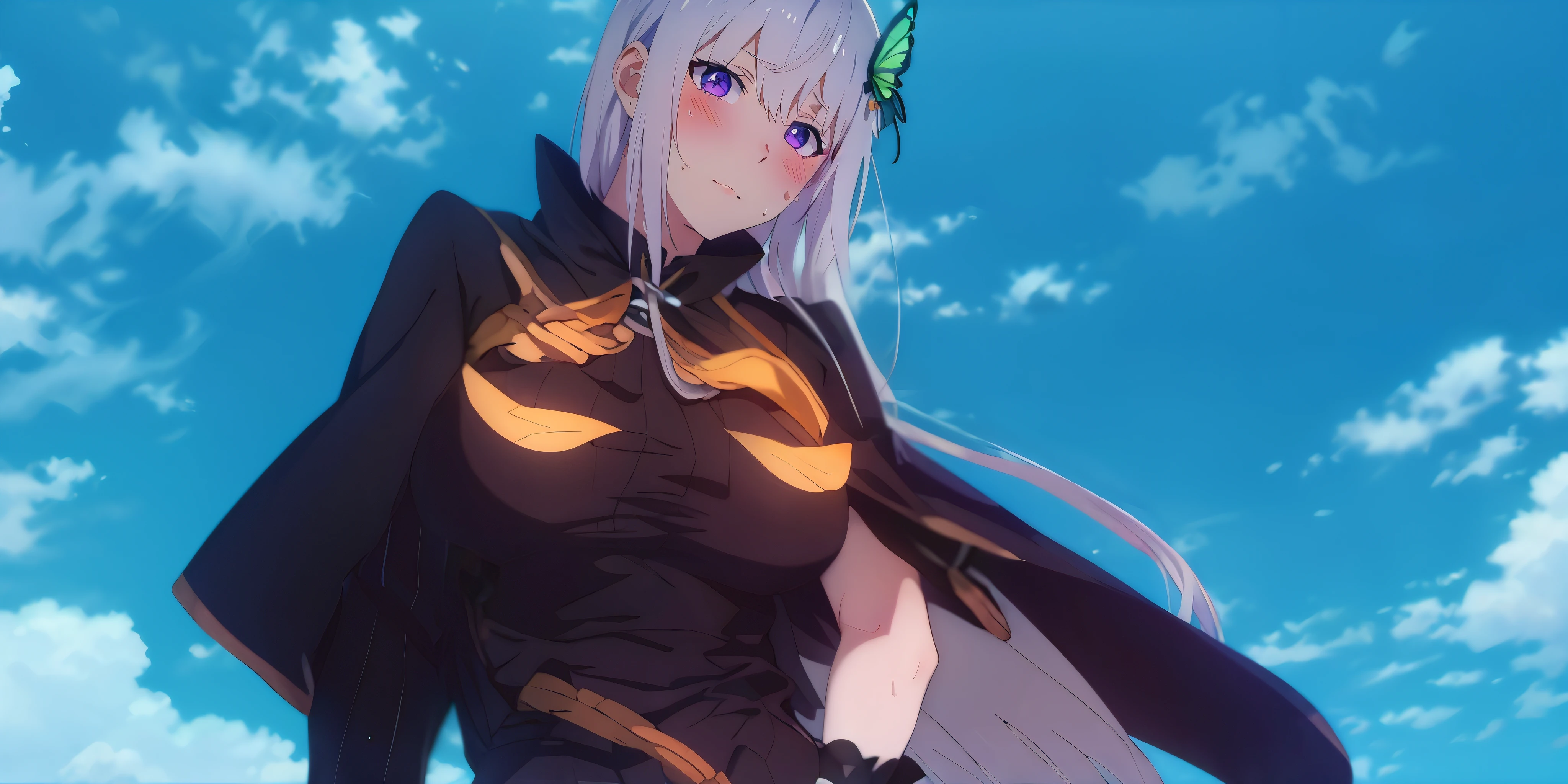 echidna, white hair, long hair, purple eyes, butterfly hair ornament, 
long_hair, very_long_hair, 1girl, breasts, purple_hair, bodysuit, rope, gloves, purple_eyes, ribbed_sleeves, black_gloves, parted_lips, looking_at_viewer, fingerless_gloves, tabard, solo, large_breasts
, silver hair, hollow eyes, yellow eyes, looking at viewer, sweating, heavy breathing, embarassed, blush face, echidna, hair ornament, 