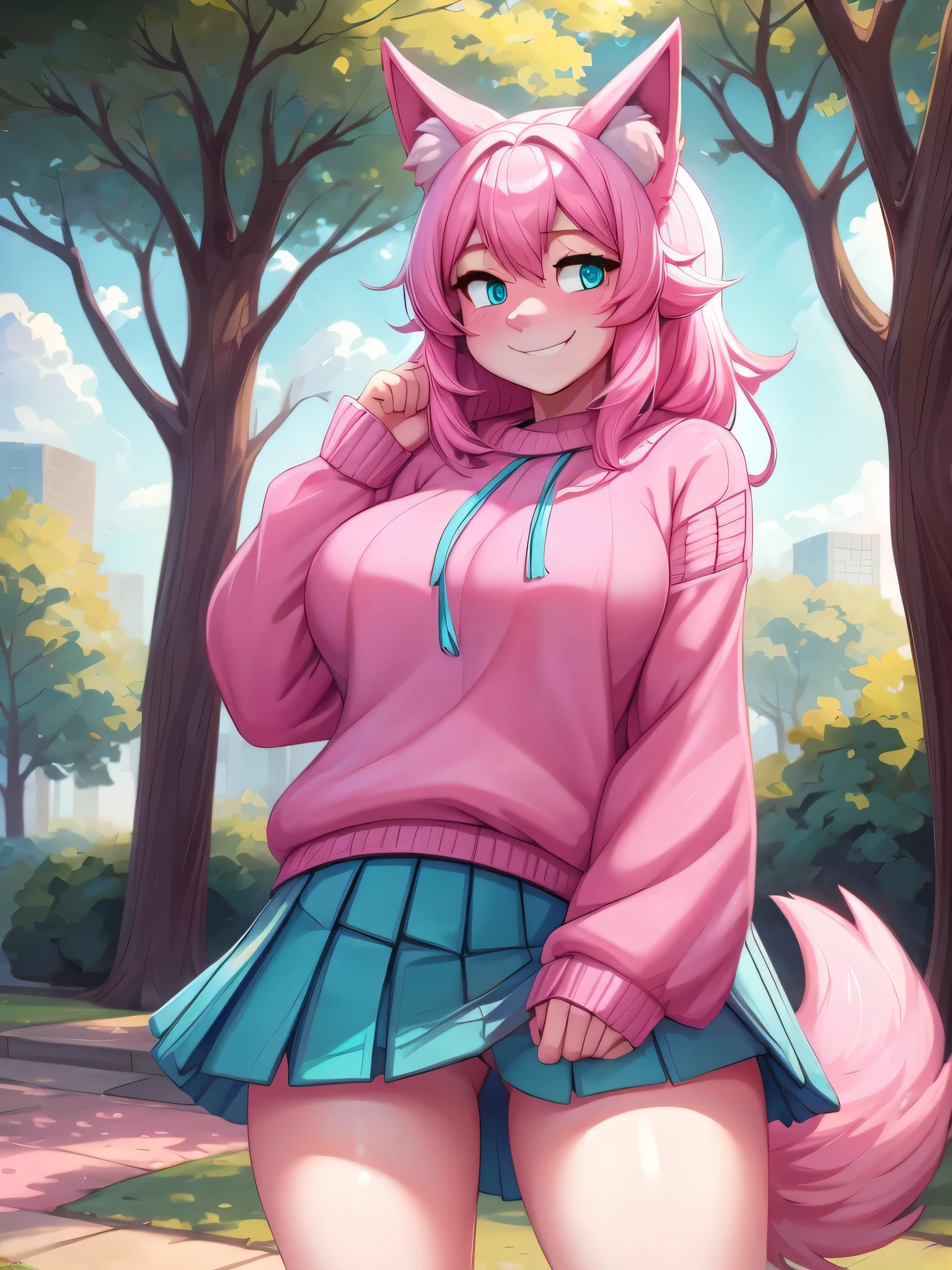 (Masterpiece) (High Detail) (High Res) A close up of A short cute humanoid girl with pale skin and turquoise eyes and long pink hair and pink dog ears and a big fluffy pink dog tail and average breasts is stood alone in the park. She is wearing an oversized sweater and a pleated skirt and is smiling shyly. Pink Hair, Pink Tail.