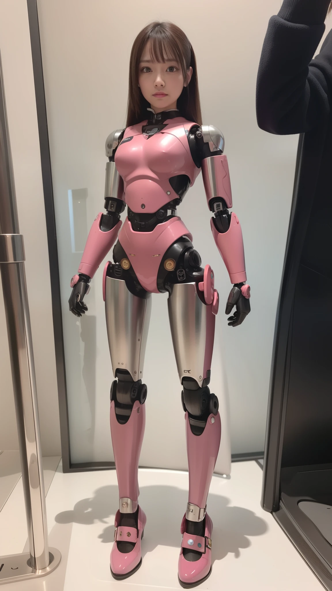 cyborg, pink there, Silver, Metallic body, Robot Parts, Metal Parts, Super Detailed Face, Super well-formed face, of the highest quality, a small face, a small head, full body, Brown hair, Slender body, Camera gaze, Internal Mechanical Exposure, Idol, Well-proportioned body, gravure, Photo session, Akihabara, Moe Pose, Standing with legs open, Model body type, sad, Embarrassing,(Perfect Robot Girl),(Perfect machine body)