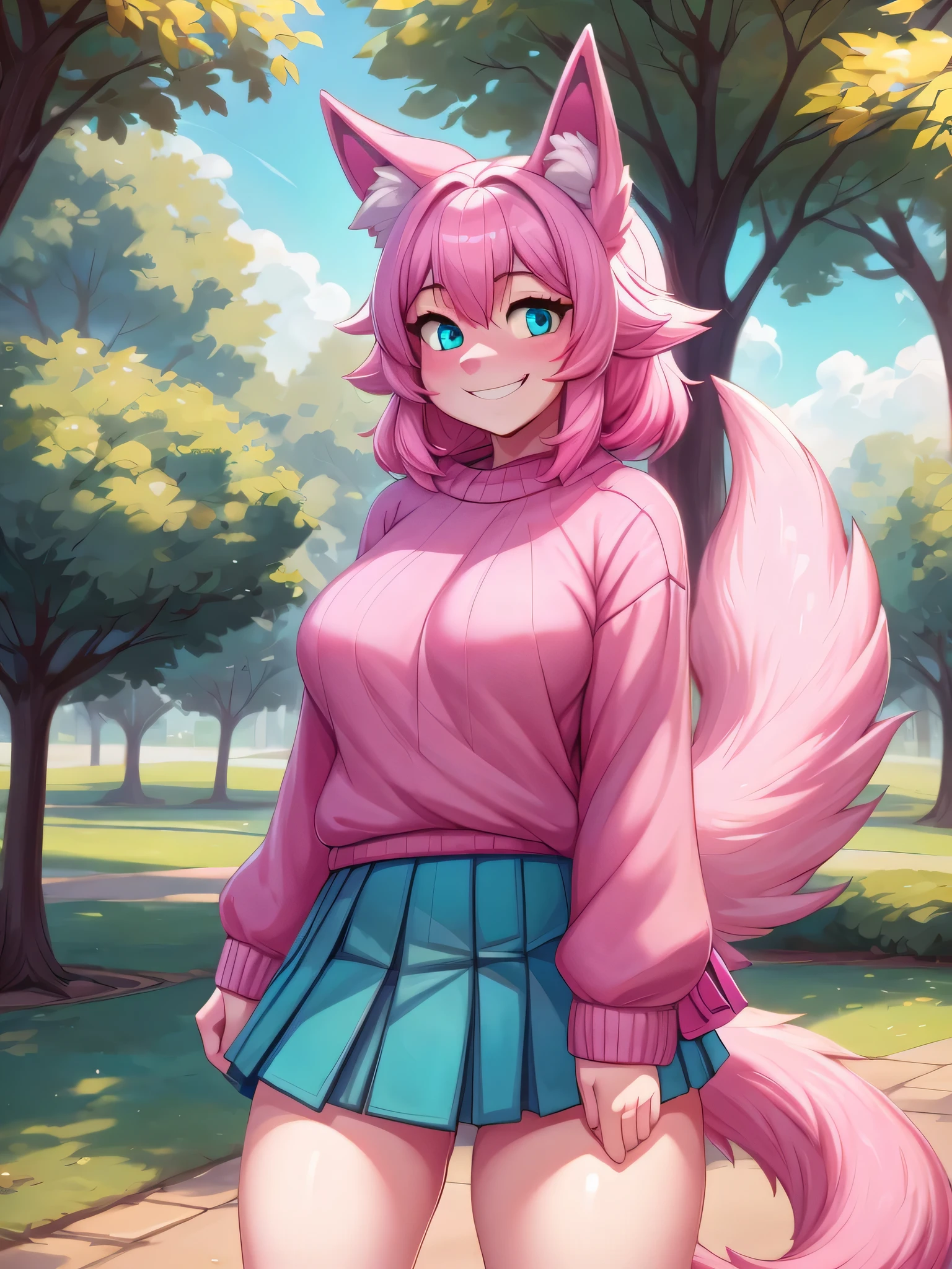 (Masterpiece) (High Detail) (High Res) A close up of A short cute humanoid girl with pale skin and turquoise eyes and long pink hair and pink dog ears and a big fluffy pink dog tail and average breasts is stood alone in the park. She is wearing an oversized sweater and a pleated skirt and is smiling shyly. Pink Hair, Pink Tail.