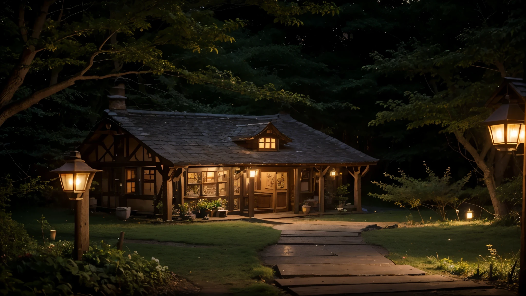 wonderなcute小屋が森の中に立っている,magical forest、mountain path、Lantern light、evening、middle ages、Western Europe、wonder、cute、fantasy、fairy tale、sunset、garden、flower bed,girl、sunset、starry sky、