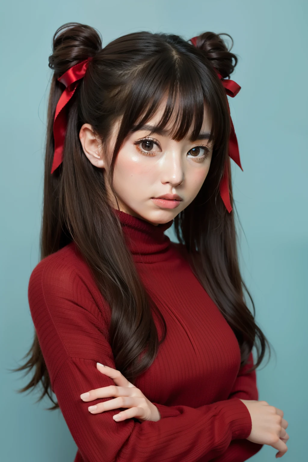 1girl, tohsaka rin, solo, long hair, sweater, red sweater, looking at viewer, blue background, black hair, simple background, two side up, turtleneck, blue eyes, lips, closed mouth, ribbon, hair ribbon, bangs, turtleneck sweater, parted bangs, black ribbon, ribbed sweater, twintails, nose, whole body, full body, white panties, high socks