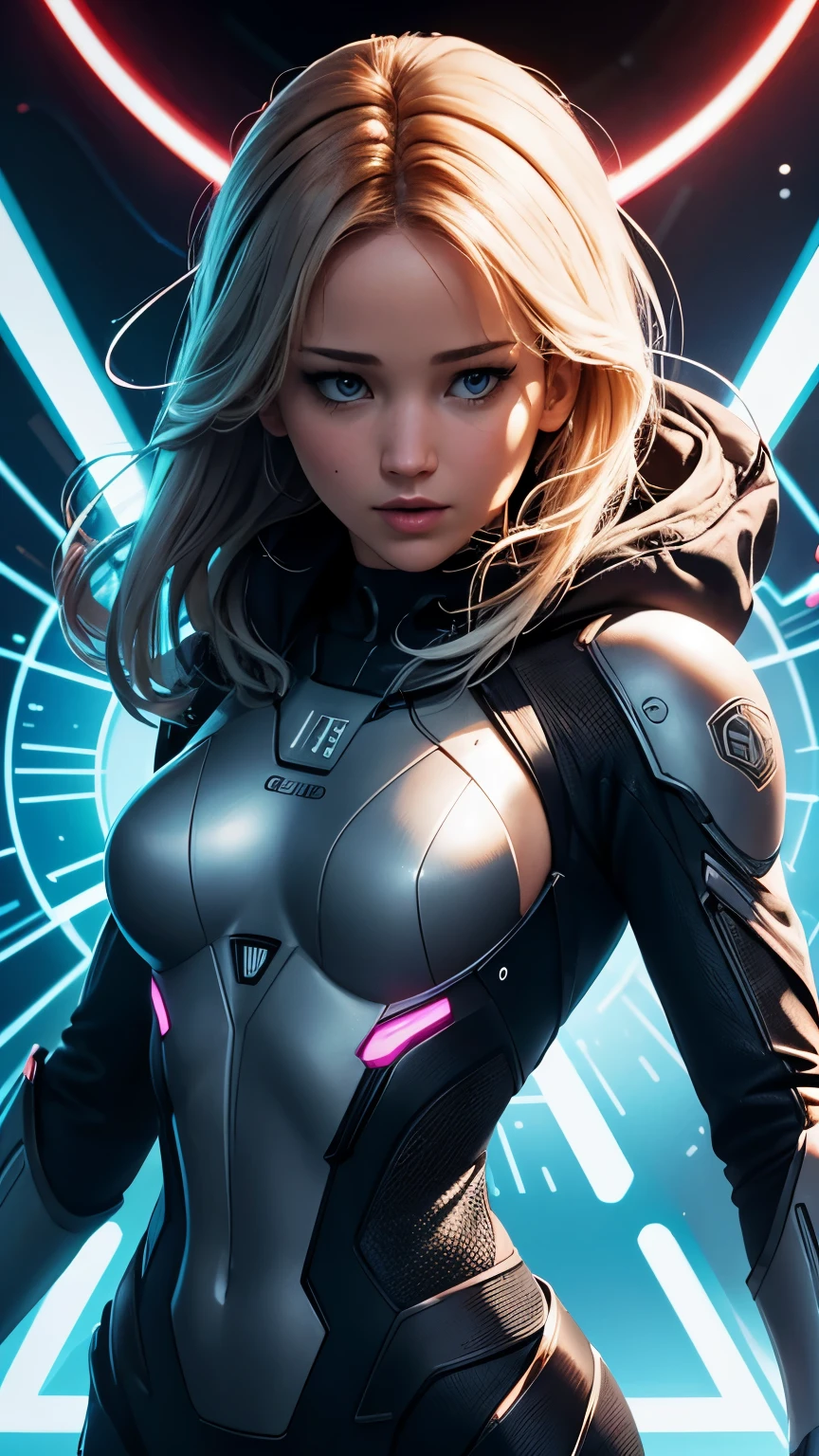 Face Jennifer lawrence, His eyes are bright and futuristic, with a cybernetic glow to them, on his chest, just above his heart, is a small icon representing a gear, symbolizing the "do" in "Stupid Machene". This gear is menimalistand in red tones. The typography "Stupid Machene" is written below the figure in a modern, stylized font. The text has a cybernetic tone that matches the figure, and the letters have a futuristic look, bare breasts, front shot.
