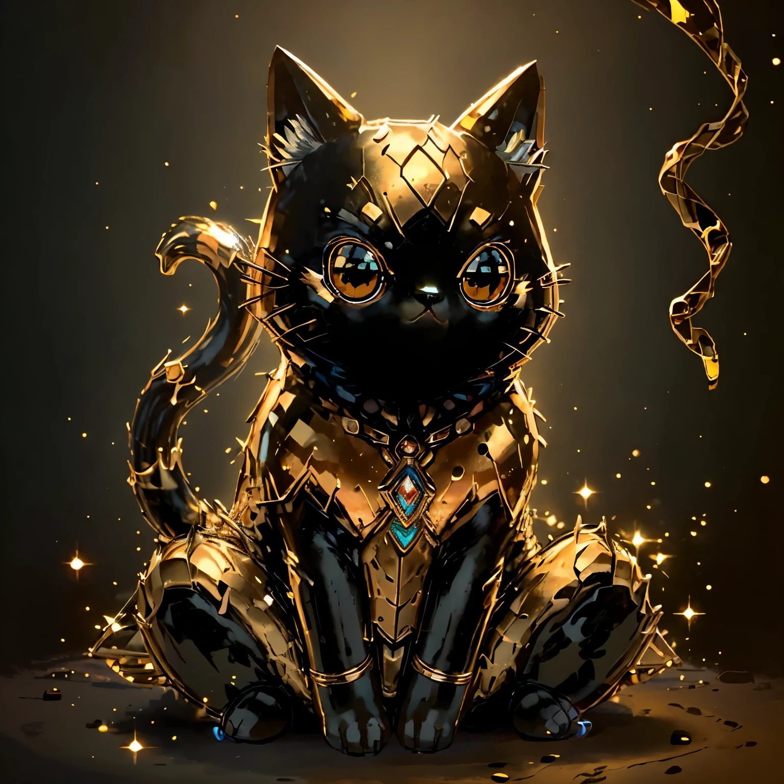 Statue einer Katze aus schwarzem Stein(goldene adern durchziehen den stein)(mysterious shimmer), hand size, augen aus saphiren, sits on her hind legs, Kopf gehoben, nacht, kerzenschein, 