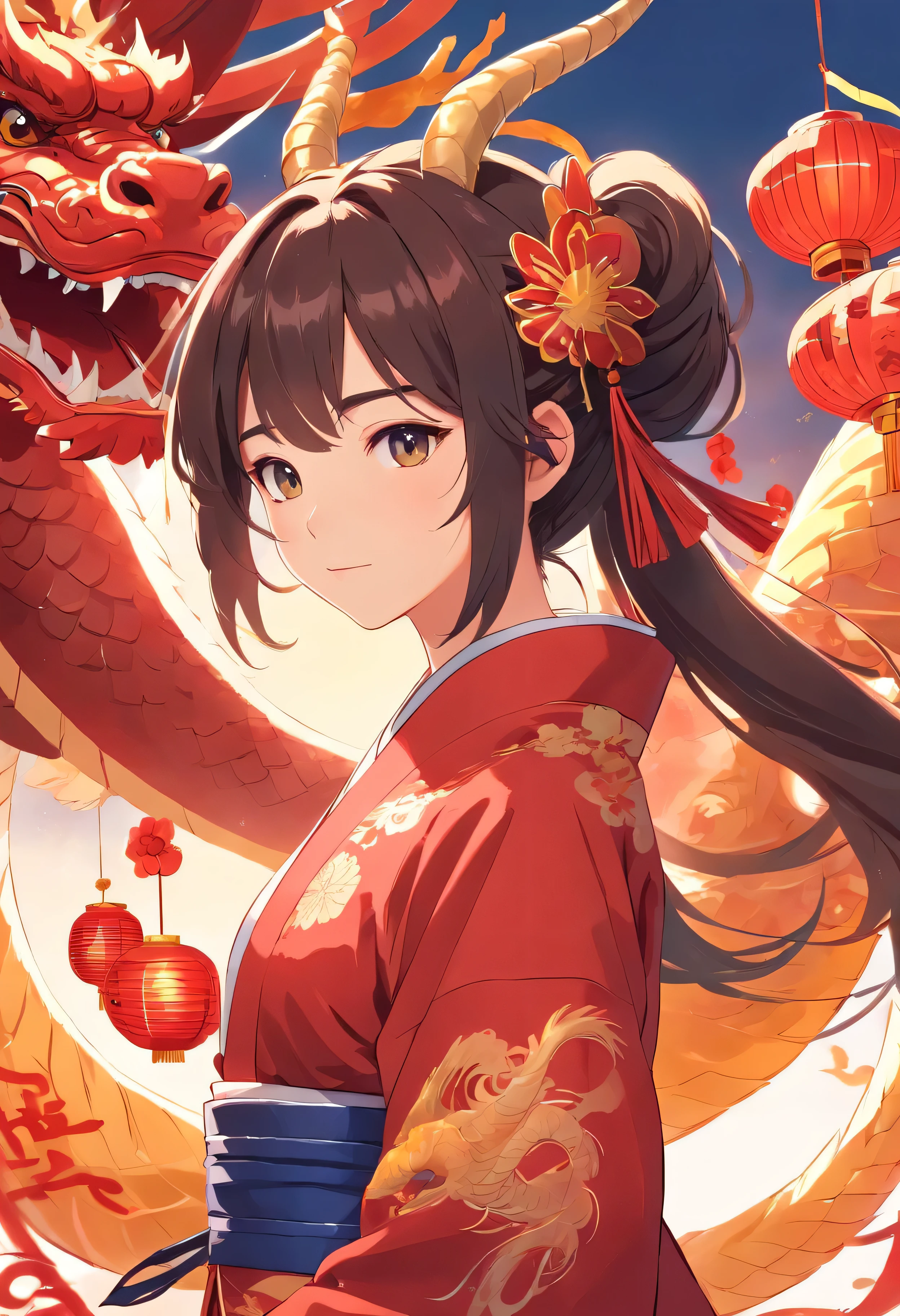 a beautiful girl in chinese clothing, celebrating chinese new year, with dragon horns on head, white background