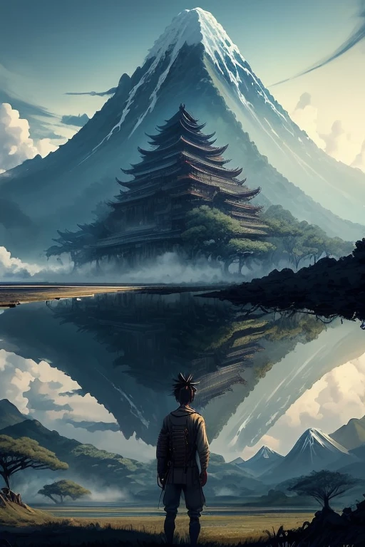 鳥居がleftrightに分かれ道を作る,Diamond Fuji in the background,In the ground(left:hiar,central:Now,right:future)It is written that