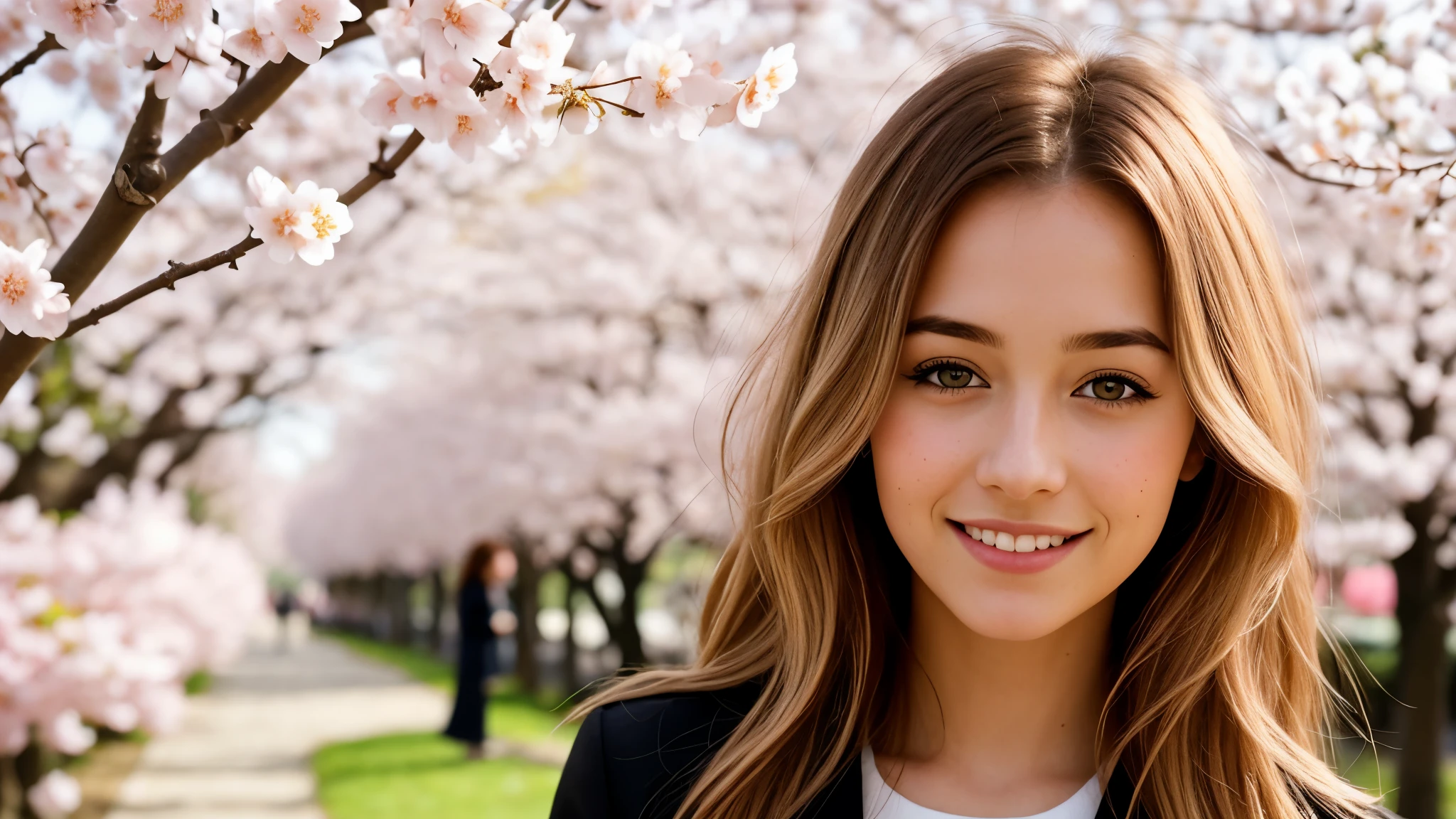 Instagram pictures, 1French Girl, Shoulder length hair, with light blonde hair, Close-up photo, Walking in a public garden with cherry blossom, Japan, smiling a little,