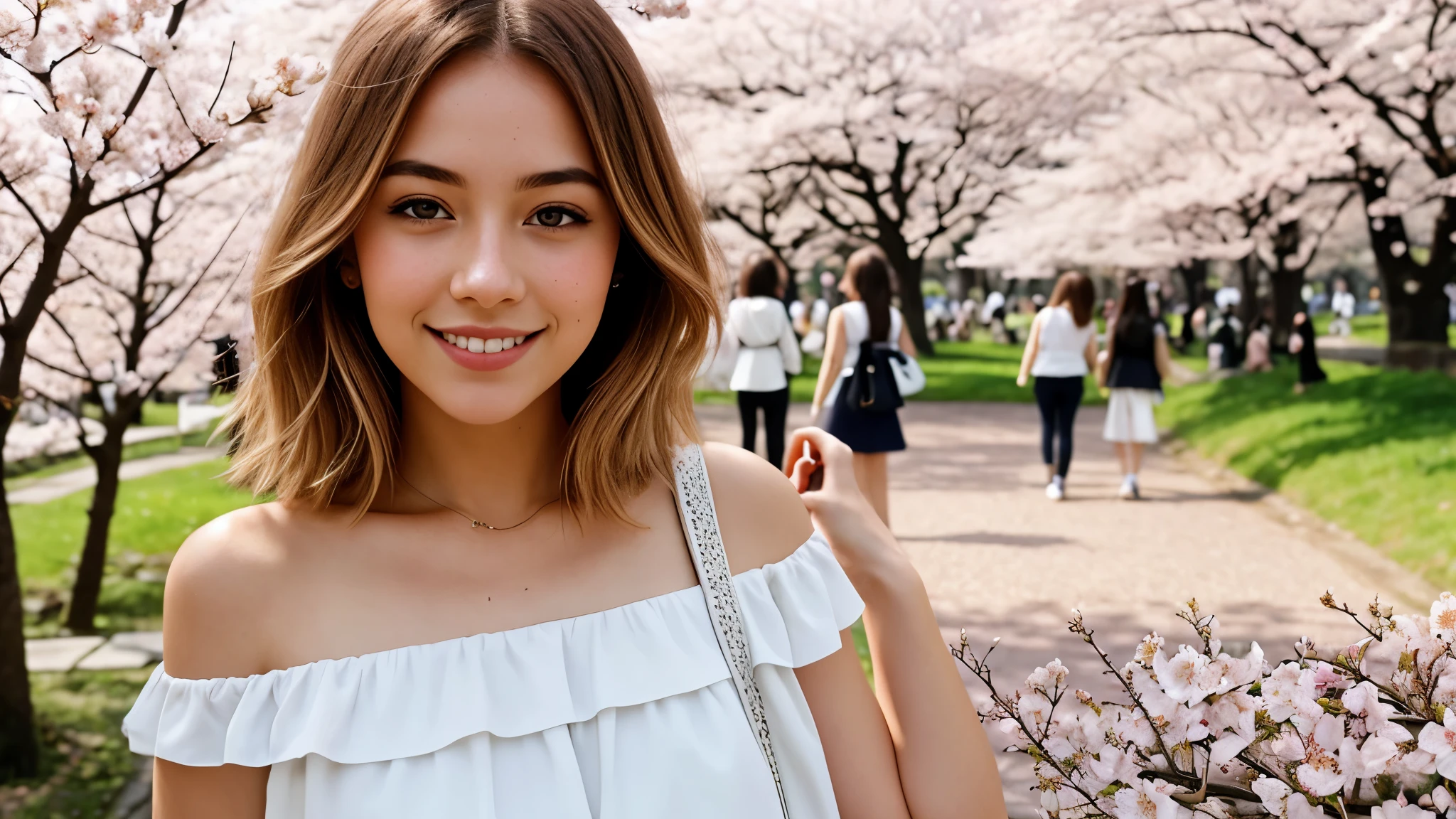 Instagram pictures, 1French Girl, Shoulder length hair, with light blonde hair, Close-up photo, Walking in a public garden with cherry blossom, Japan, smiling a little,
