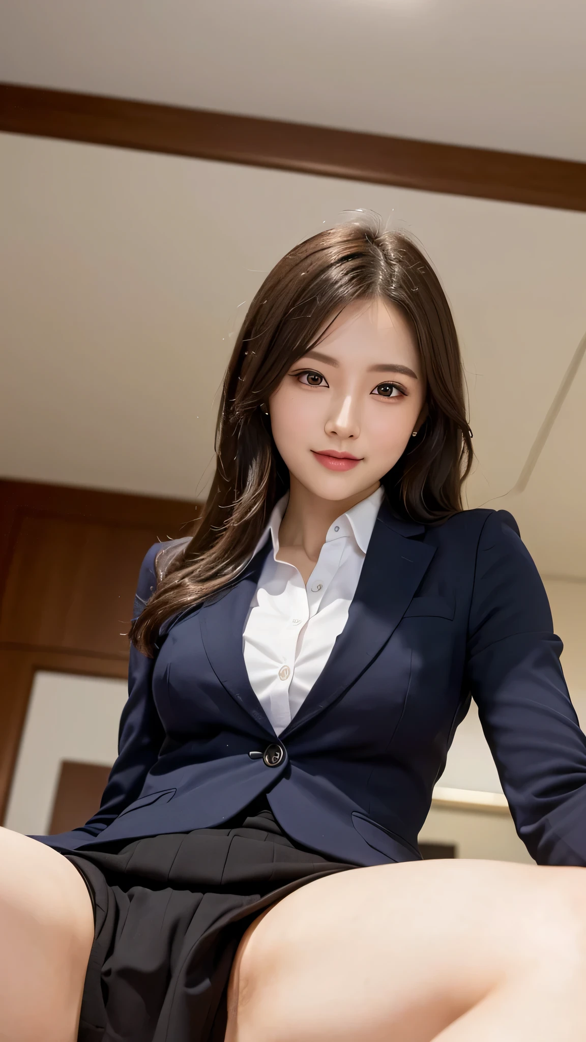 (1woman), Beautiful, Amazing face and eyes, makeup, (extremely detailed beautiful face), seducting smile, (Best Quality:1.4), (Ultra-detailed), (extremely detailed CG unified 8k wallpaper), Highly detailed, raw photos, Professional Photography, (Business Suit, Mini skirt:1.2), (Business shirt with wide open chest), (Spread legs), (view from below:1.2)