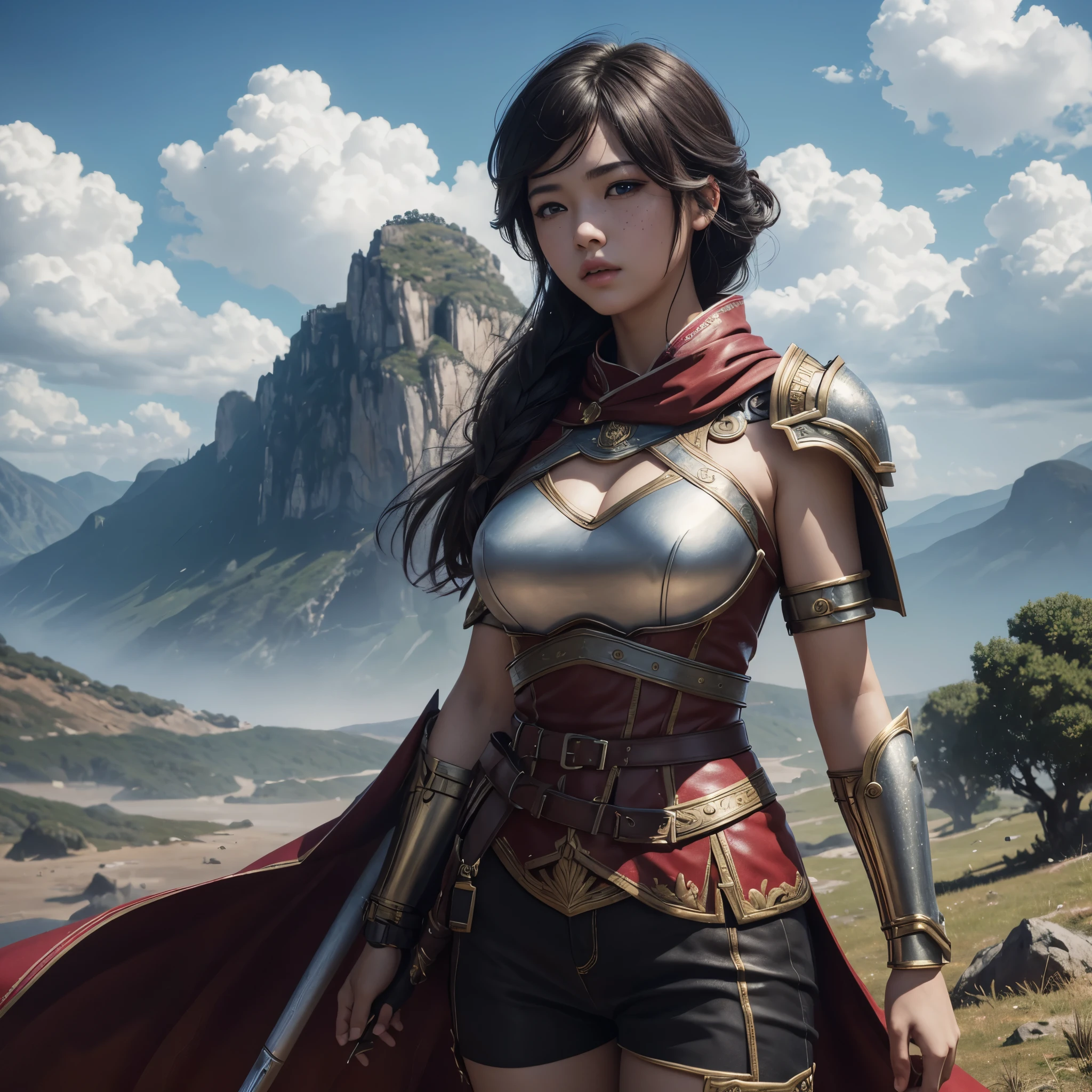 (Masterpiece, คุณภาพดีatสุด:1.3) Bellona Smite, 1 girl, conjunctivitis, smooth, freckles, armature, breastplate, lips, shoulder armature, Red coat, alone, look_at_viewer, lips, outdoor, sky, battle, clouds, blood, very detailed ,High definition 8k,--Auto--s2---realistic,pastel