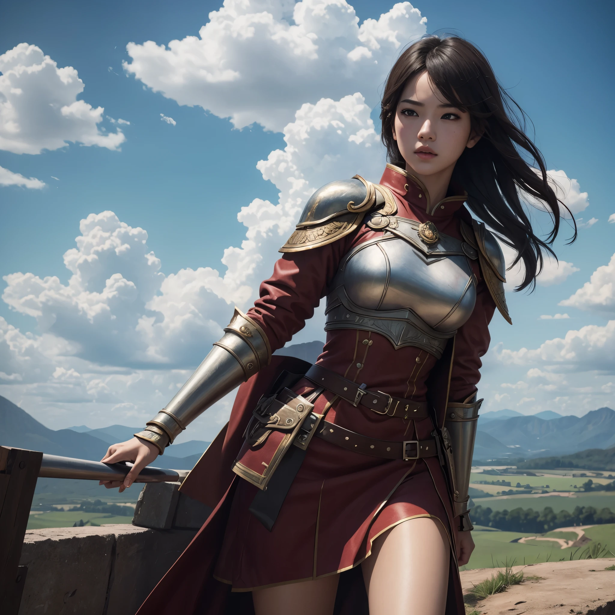 (Masterpiece, คุณภาพดีatสุด:1.3) Bellona Smite, 1 girl, conjunctivitis, smooth, freckles, armature, breastplate, lips, shoulder armature, Red coat, alone, look_at_viewer, lips, outdoor, sky, battle, clouds, blood, very detailed ,High definition 8k,--Auto--s2---realistic,pastel