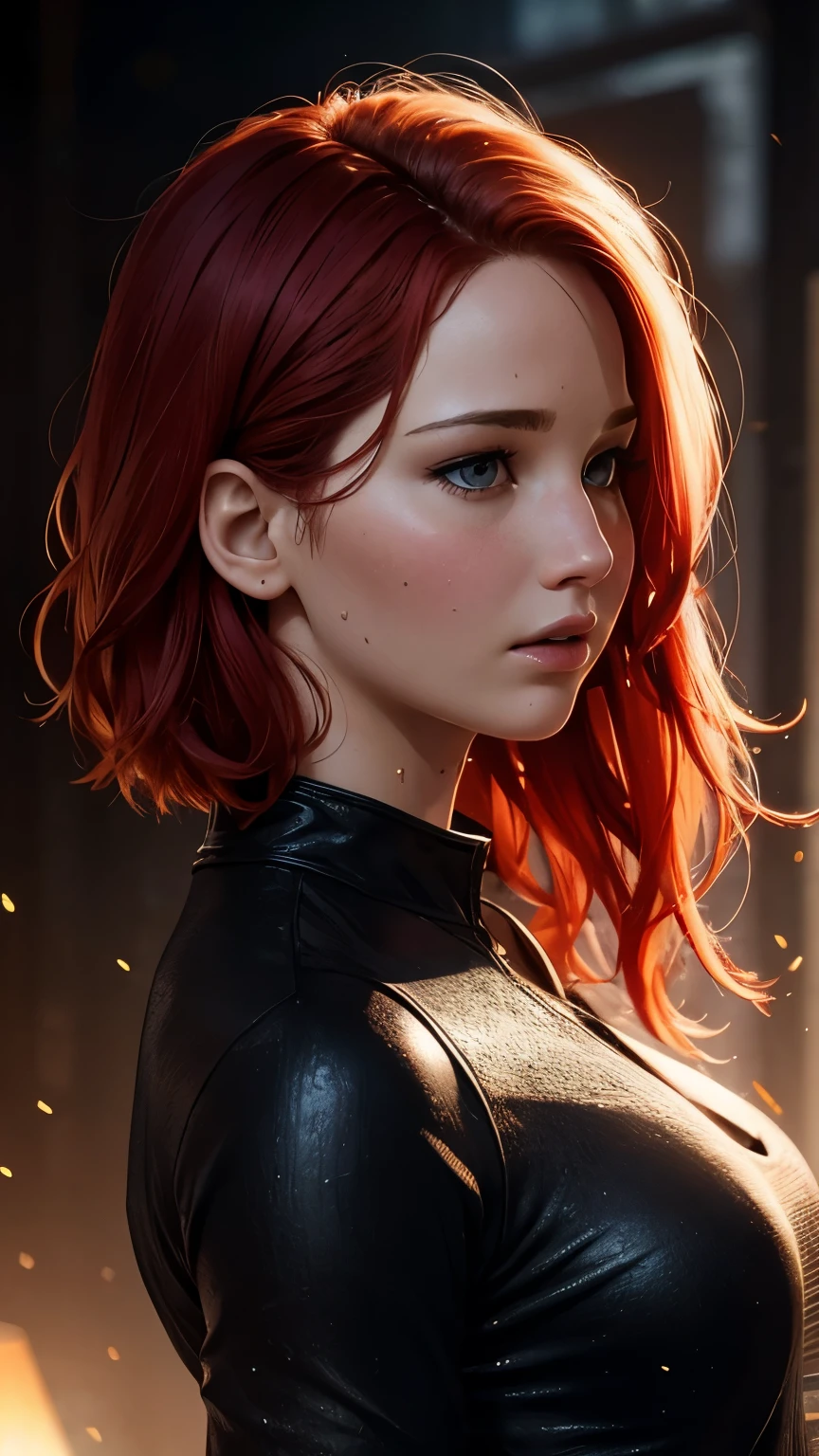 Jennifer lawrence face, mystical film version, athletic body, red hair, wet hair, straight hair, short hair, slicked back, side shot.