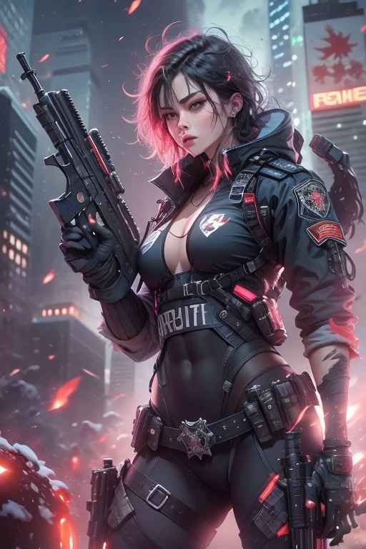 8K artwork , masterpiece , high-level image quality , realistic details , Top-notch image quality , police , Futuristic , Future city , holding a gun , Pretty Woman , wearing bulletproof vest , The mark is engraved on the body armor. , muscles in the arms and legs , Lots of scars , textured skin , Vivid, bright red eyes , Fierce Snow , sexy eyes , full body shot , Jeon Newspaper Shin , police복장 , detailed gun