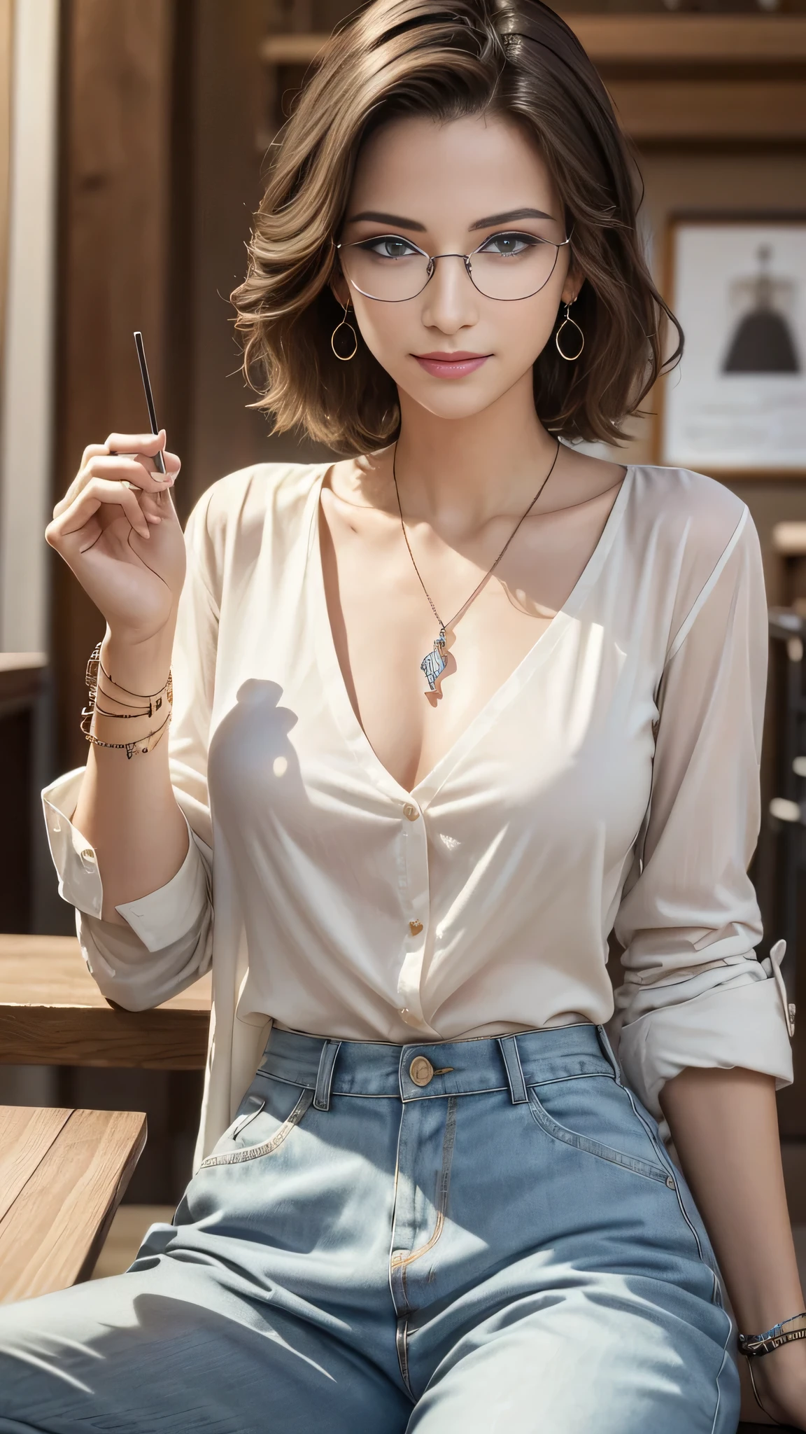 (Masterpiece, best quality, award winning, photorealistic, model photography :1.5), sharp focus shot, A beautiful European female youth, pretty girl, model, ig idol, delicate face, (slim body, slender:1.3), (large breasts:1.1), beautiful eyes, natural and realistic hands, no make-up, (straight short hair:1.2). Wearing button shirt and tight trouser, shirt tuck in trouser, roll up the sleeve. Adorn with glasses, pendant, earrings and bracelets. drinking coffee at cafe, morning, smirking.