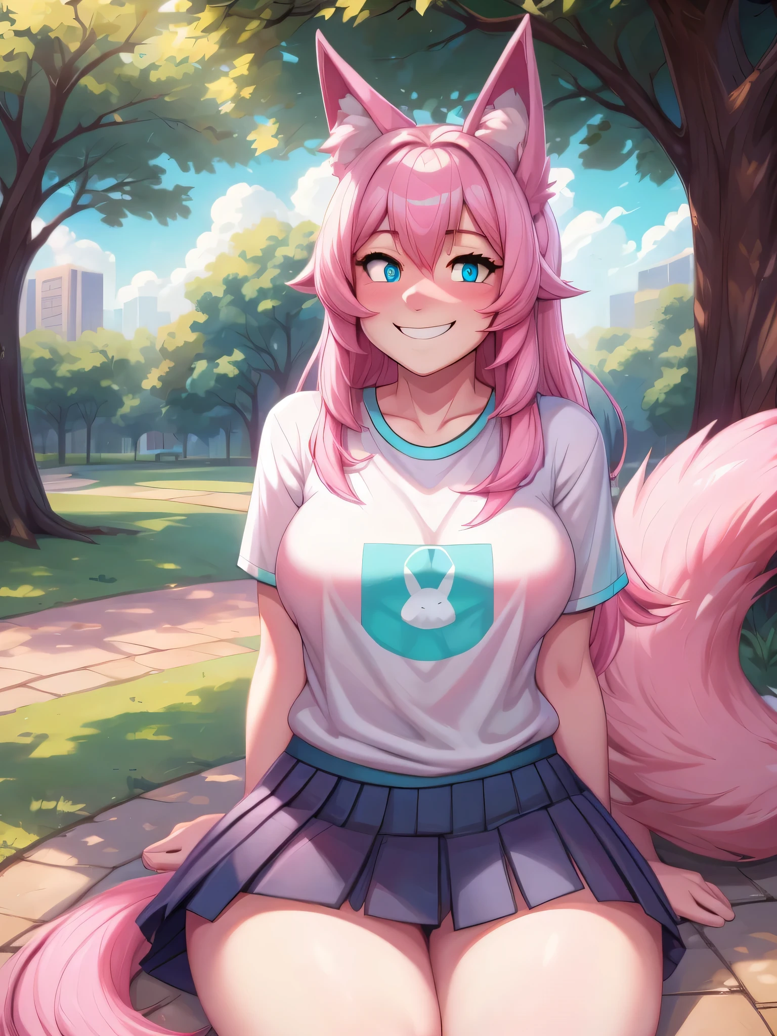 (Masterpiece) (High Detail) (High Res) A close up of A short cute humanoid girl with pale skin and turquoise eyes and long pink hair and pink dog ears and a big fluffy pink dog tail and average breasts is sat alone in the park. She is wearing an oversized t-shirt and a pleated skirt and is smiling shyly. Pink Hair, Pink Tail.