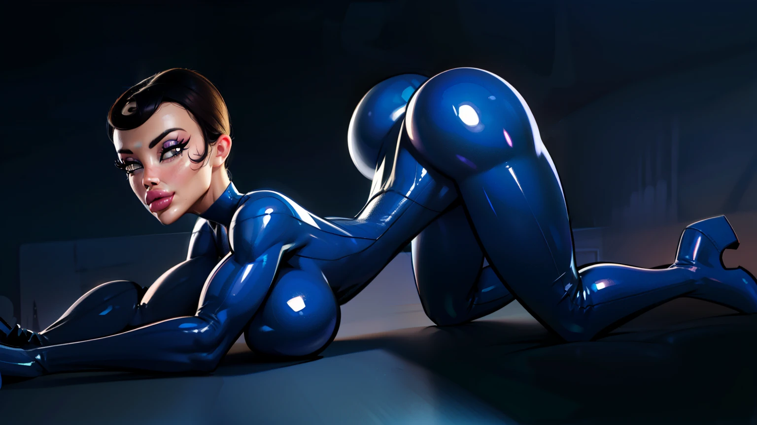 Laying on all fours, perfect ass, back side view, perfect view of side, Generate a realistic illustration of a mature Madeline Fenton (Danny Phantom), ((dark blue bodysuit)), black gloves, (Aletta ocean face), blunt bobcut, de terno preto, straight hair, ((dark brown hair)), ((dark blue torso)), (slendered abs), black gun holster, (dark blue breasts), dark blue outfit in anime format with a serious style, shiny skin, perfect skin, black corn collar, detailed face, defined cheekbones, puffy lips, ((over the elbow gloves)), blue legs, blue arms, ((black over the knee boots)), gothic make up, masterpiece, dark lighting, black background, ((blue light reflects on suit)), puffy lips,slendered abs, beautiful face,