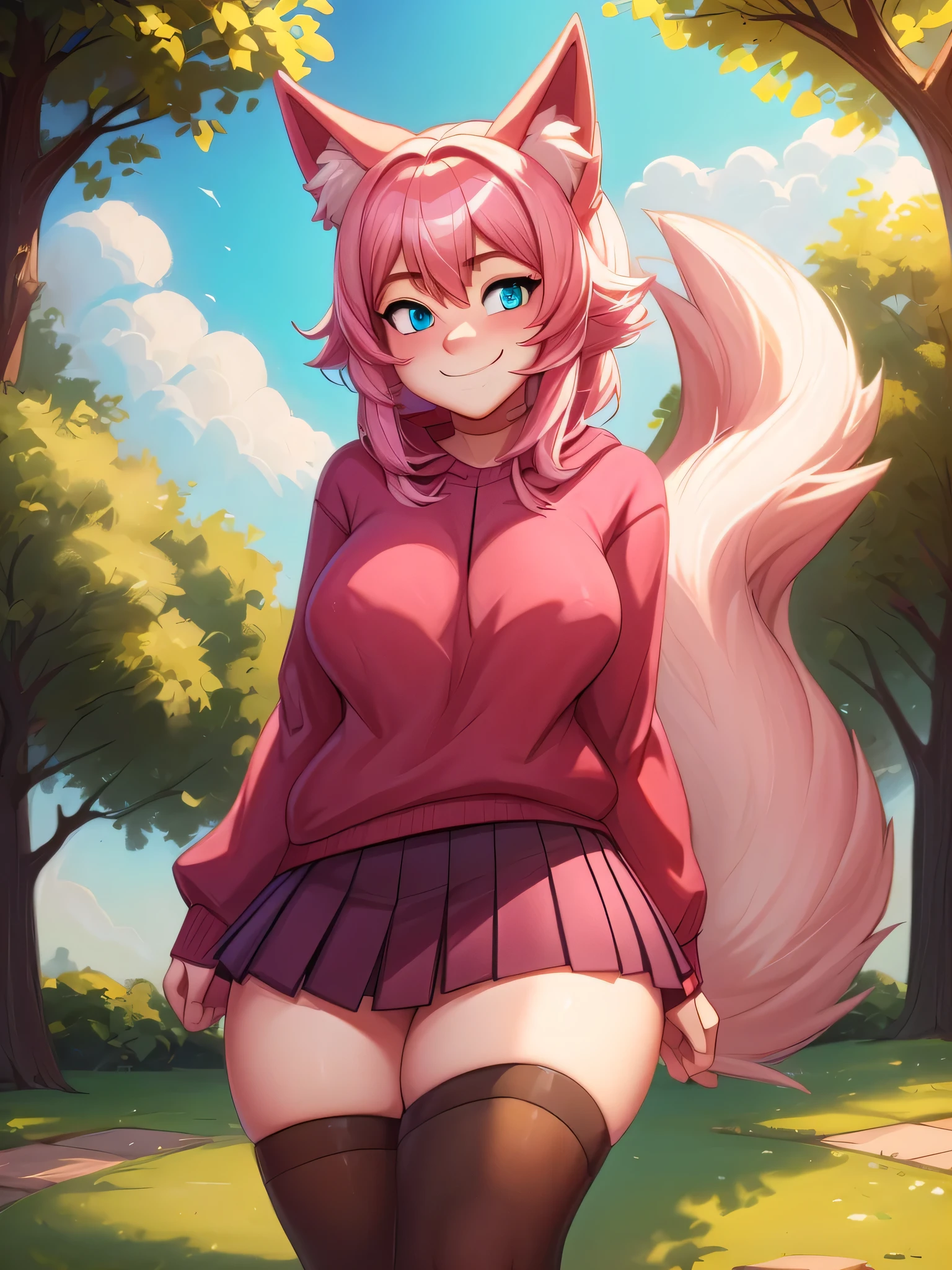 (Masterpiece) (High Detail) (High Res) A close up of A short cute humanoid girl with pale skin and turquoise eyes and long pink hair and pink dog ears and a big fluffy pink dog tail and average breasts is sat alone in the park. She is wearing an oversized sweater and a pleated skirt and is smiling shyly. Pink Hair, Pink Tail.