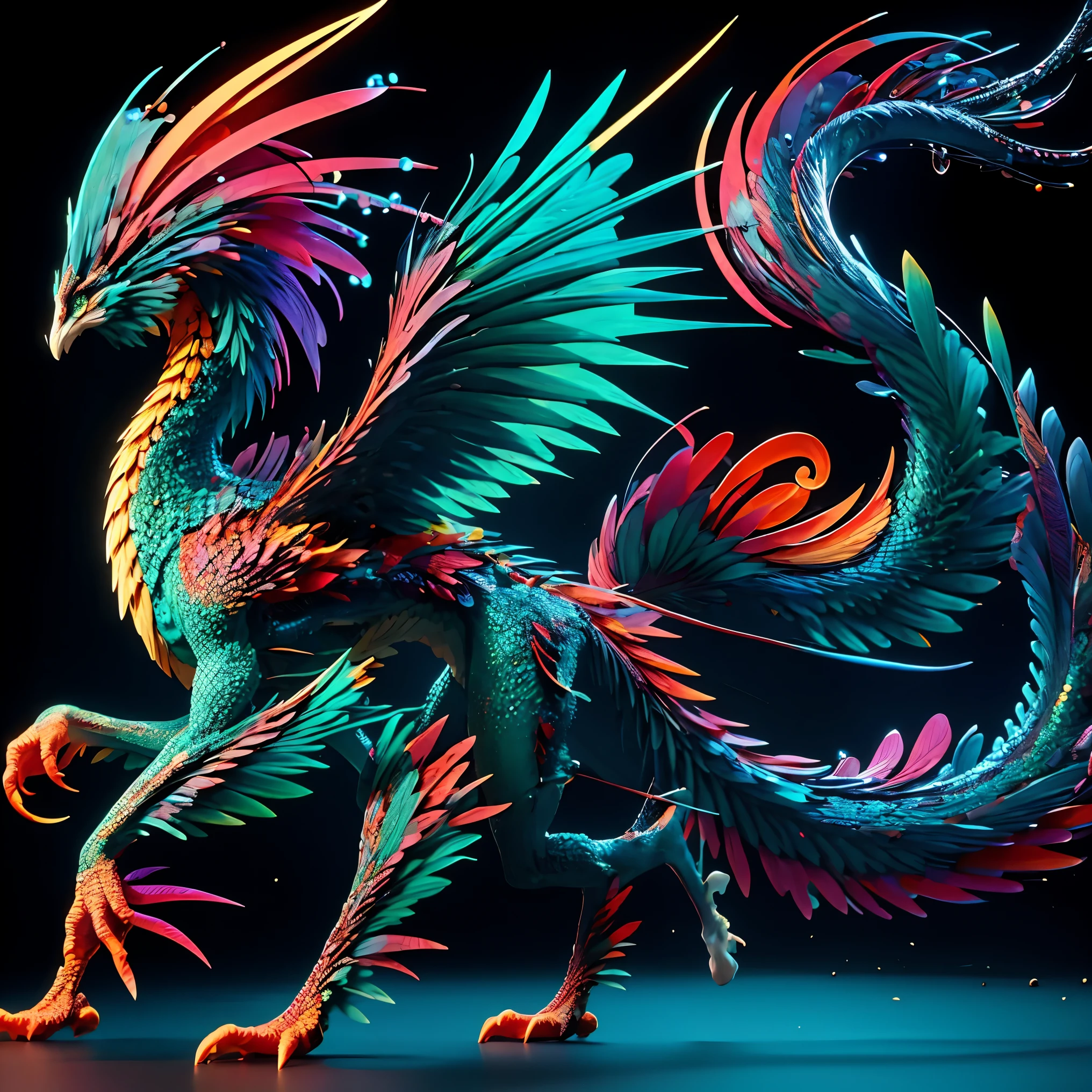 (masterpiece, best quality:1.2), paldragon, solo，A digital 3D fullbody model of a  fantasy creature, exude an aura of mystery and magic.it have an exotic and unusual body shape, with vibrant and contrasting colors . The creature may have an assortment of fantastical features such as scales, feathers, or luminescent markings. Its posture should be dynamic and alive, suggesting movement or readiness to spring into action. The background should be dark to highlight the creature's vivid appearance.