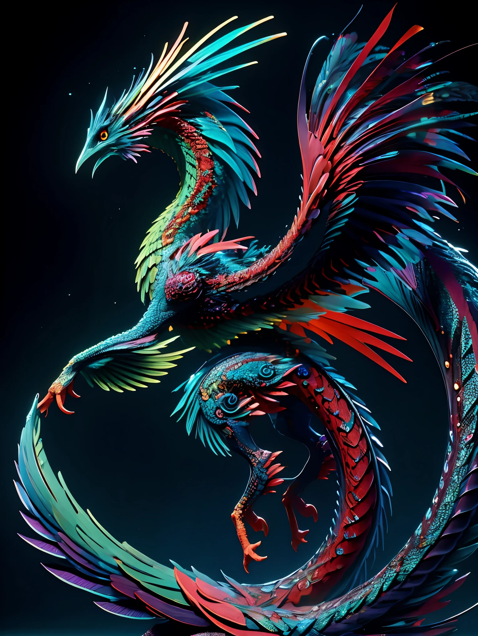 (masterpiece, best quality:1.2), close up，paldragon, solo，A digital 3D fullbody model of a fantasy creature, exude an aura of mystery and magic.it have an exotic and unusual body shape, with vibrant and contrasting colors . The creature may have an assortment of fantastical features such as scales, feathers, or luminescent markings. Its posture should be dynamic and alive, suggesting movement or readiness to spring into action. The background should be dark to highlight the creature's vivid appearance.