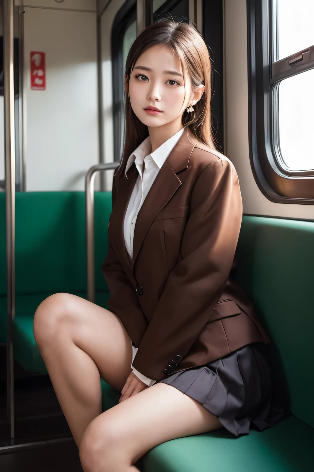 "A beautiful and graceful Asian woman, around 20 years old, sits quietly on a train seat during an autumn morning. The sun peeks through the window, casting an extremely bright backlight that highlights her delicate facial features and beautiful, detailed eyes. Her hair, a mix of half red and half brown, is slightly messy and emphasizes her unique beauty. She wears a brown blazer school uniform with a long pleated skirt and has a calm expression on her face, accentuated by very small earrings and a faint smile plays at the corners of her eyes. With her legs slightly open for comfort and her hands gently resting behind her back, she exudes a glamorous and poised aura. Her