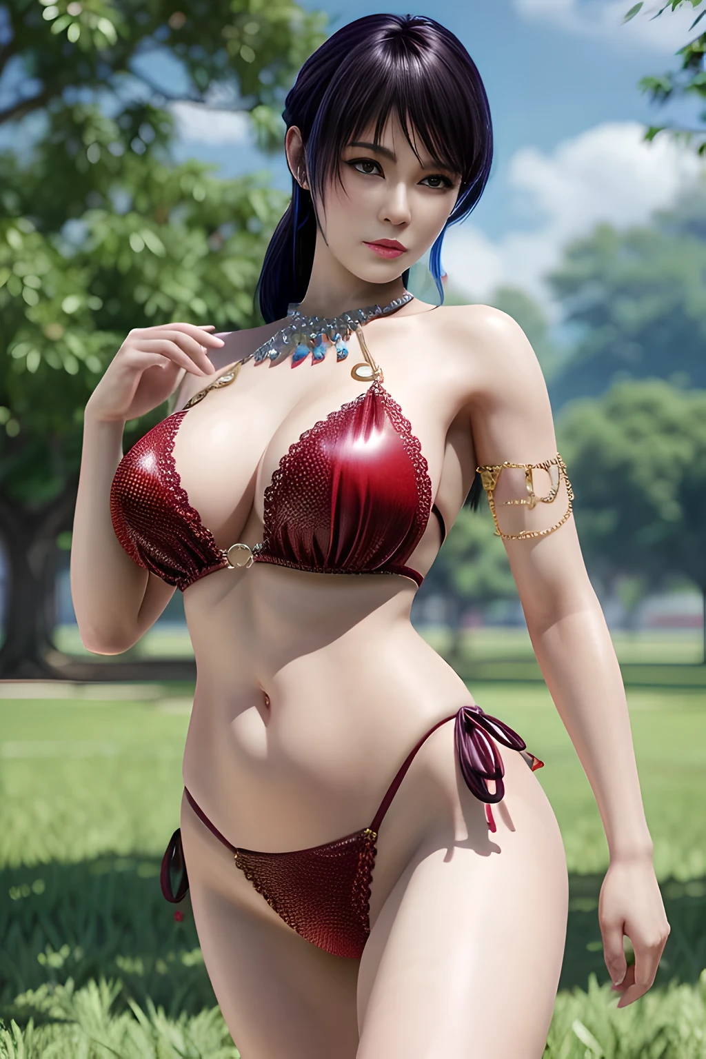 1 girl,Shandy,skirt,(Dress by (Peacock feathers)),outdoor, (permanent,sexy model pose:1.2),jewelry,grace,(((red lips))), Lips slightly open, clavicle,Lactation,(huge breasts),((8k, original photo, top quality, masterpiece), HD RAW color photos professional close-up photos, (actual, photorealism: 1.37), (best quality),8k,soft sunshine, Fabric luster,alone,