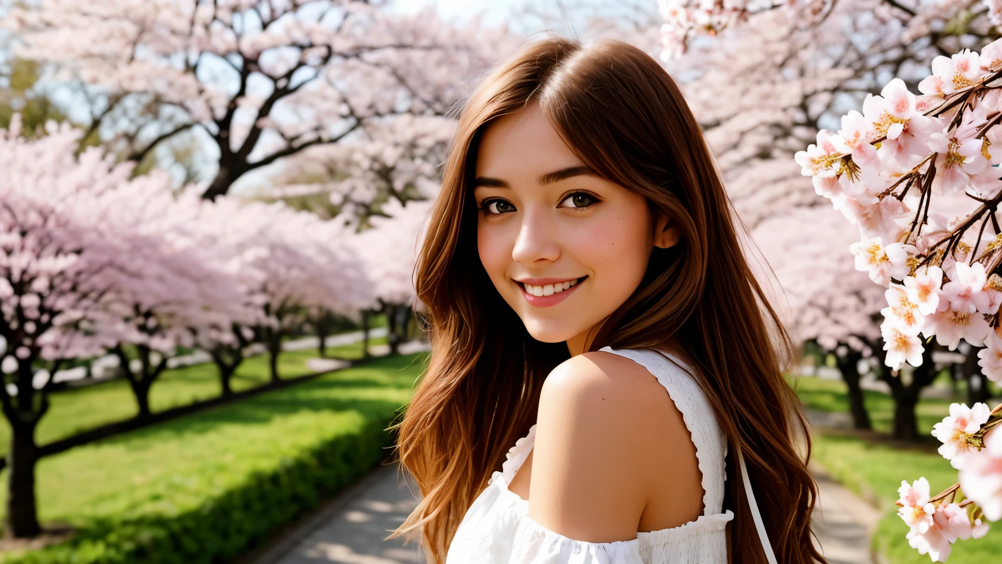 Instagram pictures, a French Girl, Shoulder length hair, with light blonde hair, Close-up photo, Walking in a public garden with cherry blossom, Japan, smiling a little,