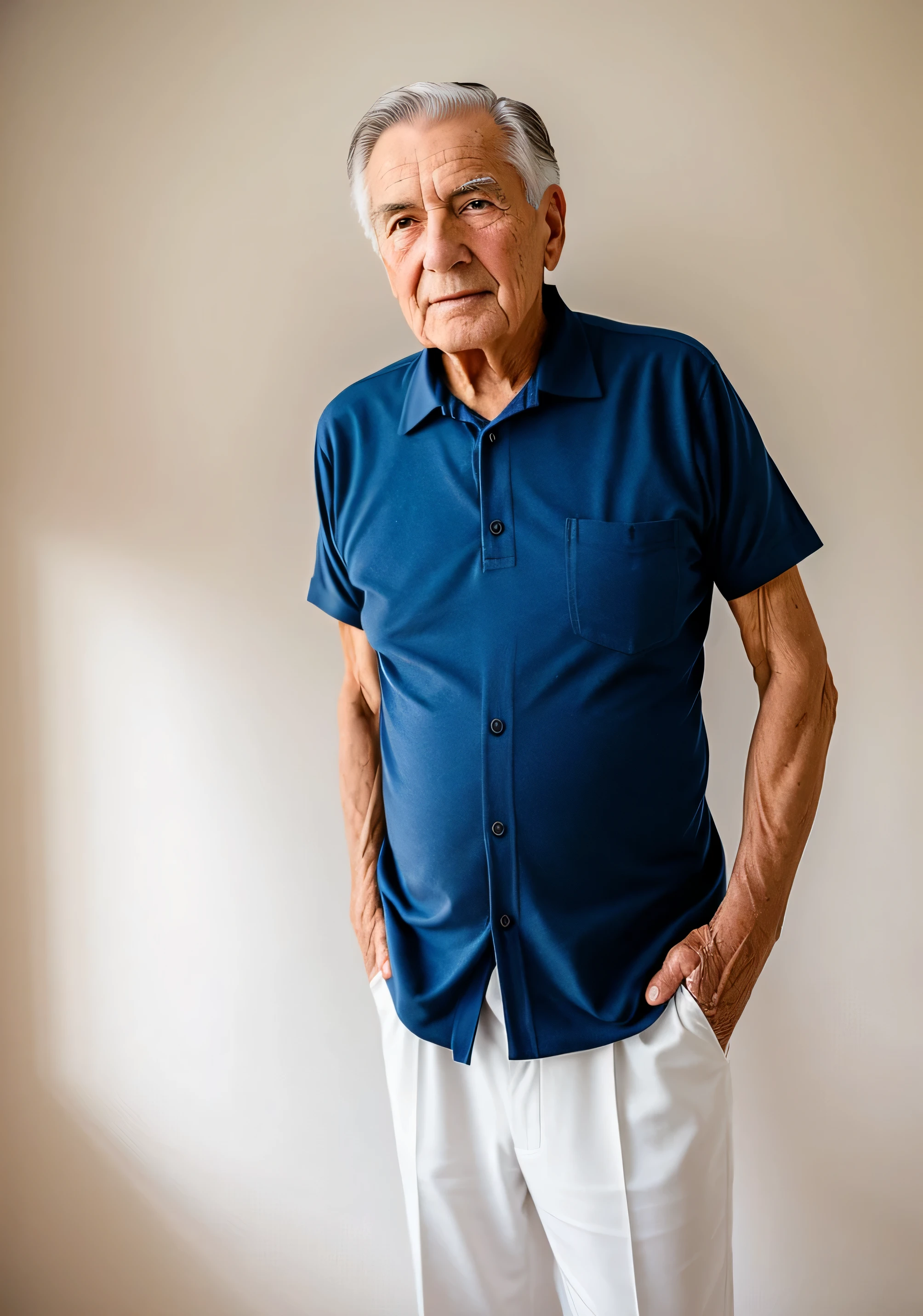 hay un hombre de pie con las manos en las caderas, he is about 8 0 years old, an 80 year old man, capa apretada y arrugada, retrato de cuerpo entero, retrato vestido no desnudo, he is about 7 0 years, Un anciano, pose frontal, Full body photography, 7 0 years, 70 years