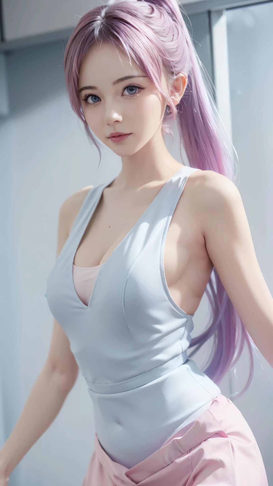 Close-up of a woman wearing a pink vest and skirt, pale milky porcelain skin, fair skin, skin smooth and translucent, anime manga girl, beautiful anime woman, surreal sweetness, white color hair , high ponytail colorful eyes, pale porcelain white skin, smooth and realistic perfect body, anime manga girl, realistic shadow perfect body, Guwitz masterpiece