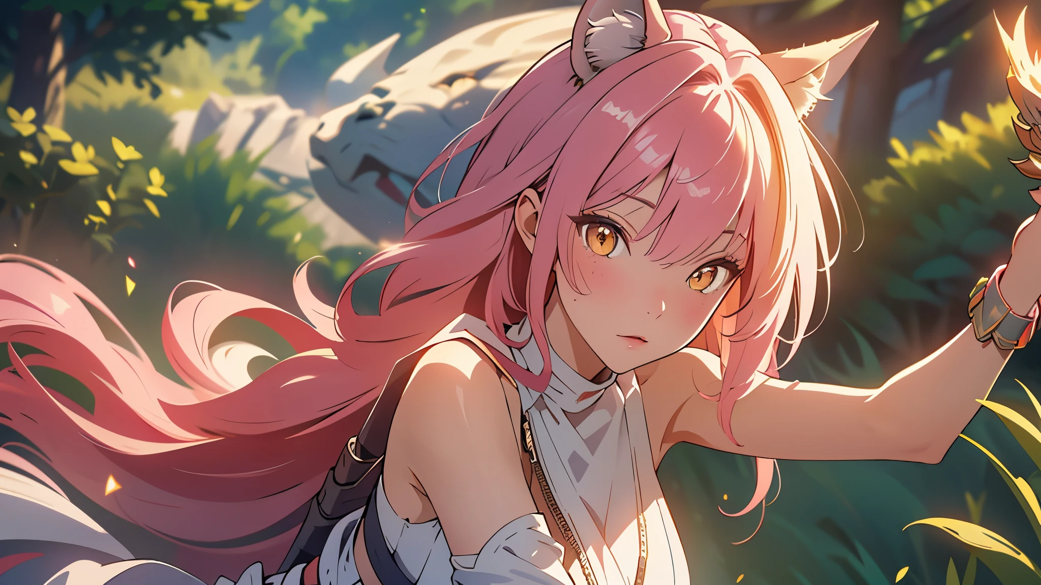 Leona,leona, yellow eyes, fox ears, long Pink hair, white dress, short dress, sleeveless, sideboob, detached sleeves, shorts, belt, grass field, Zoo, White Lion Animal , Lion Cub, Pink Fox Ear, ((Best quality)), ((masterpiece)), 3D, HDR (High Dynamic Range),Ray Tracing, NVIDIA RTX, Super-Resolution, Unreal 5,Subsurface scattering, PBR Texturing, Post-processing, Anisotropic Filtering, Depth-of-field, Maximum clarity and sharpness, Multi-layered textures, Albedo and Specular maps, Surface shading, Accurate simulation of light-material interaction, Perfect proportions, Octane Render, Two-tone lighting, Wide aperture, Low ISO, White balance, Rule of thirds,8K RAW, Aura, masterpiece, best quality, Mysterious expression, magical effects like sparkles or energy, flowing robes or enchanting attire, mechanic creatures or mystical background, rim lighting, side lighting, cinematic light, ultra high res, 8k uhd, film grain, best shadow, delicate, RAW, light particles, detailed skin texture, detailed cloth texture, beautiful face, (masterpiece), best quality, expressive eyes, perfect face,nikkeredhood,hair over one eye,marian,yuzuriha,momo_burlesque