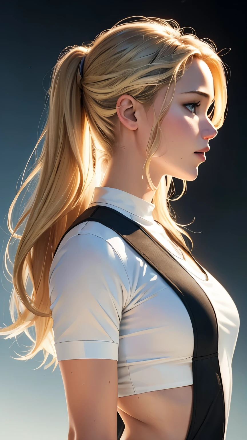 Jennifer lawrence face, mystical film version, athletic body, blonde hair, straight hair, long hair, slicked back, side shot.