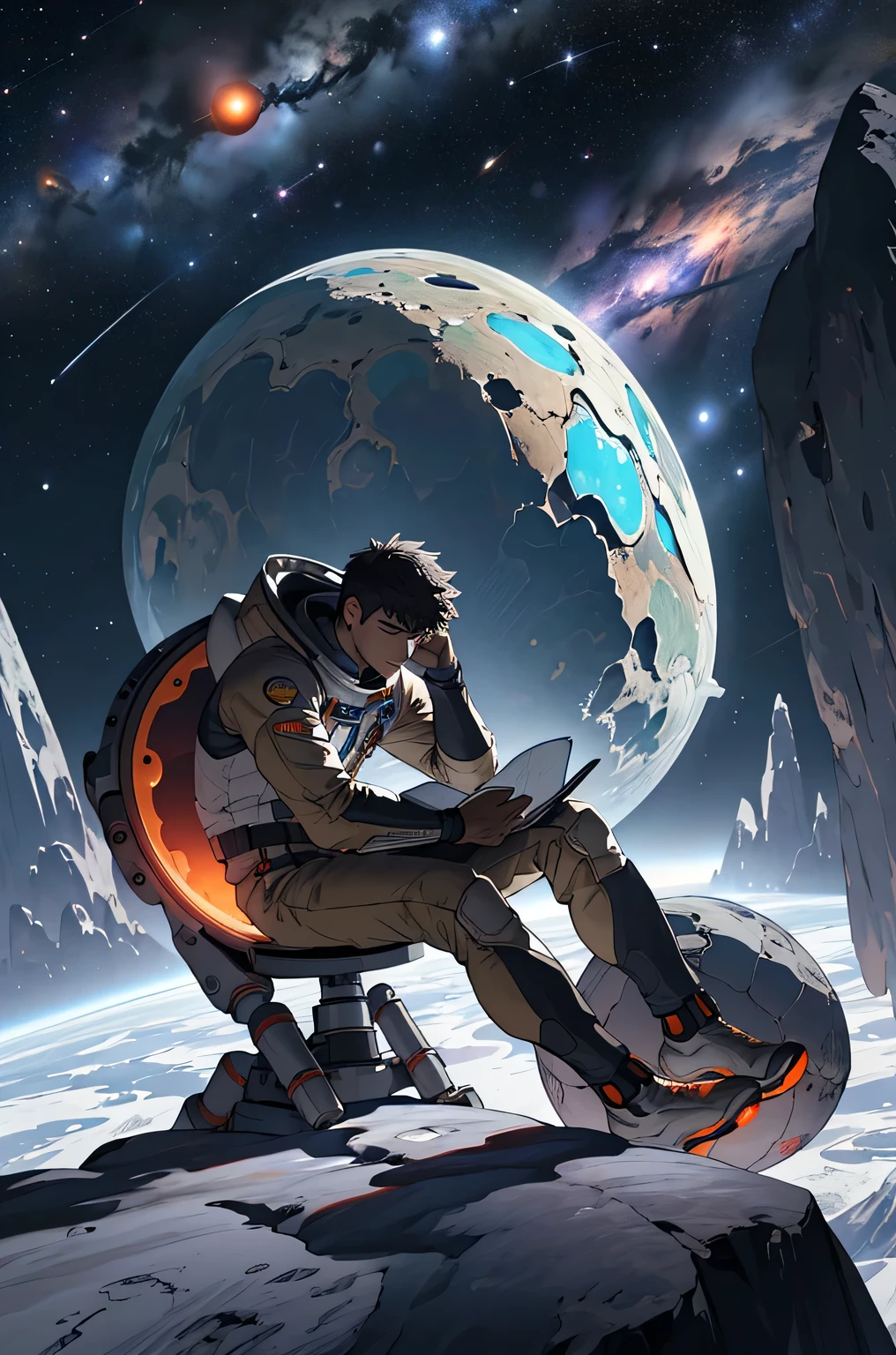 Draw a young astronaut, Sitting on a research platform floating in the middle of the asteroid belt. He was studying with a notebook, Surrounded by several asteroids with rings of fire. Dramatic lights from distant stars and planets illuminate the scene, Casts a deep shadow on clothes. This young man looks confident and determined, See the vast and mysterious universe with wonder and respect,space suit