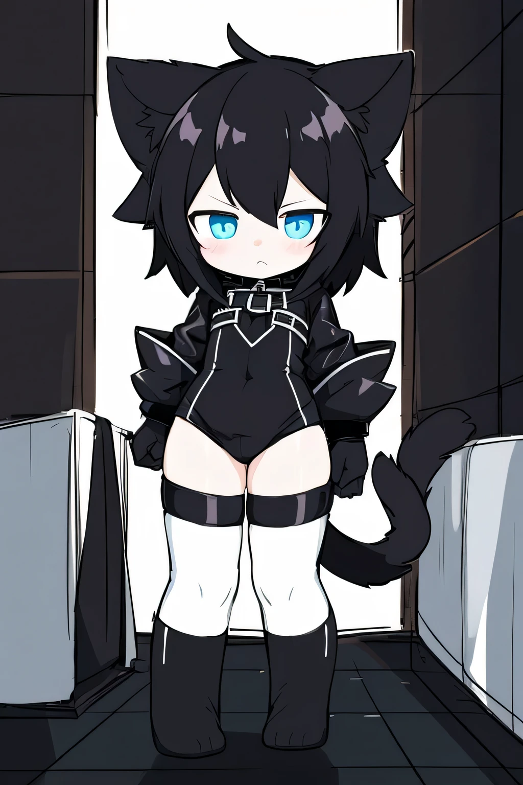 1 tiny_ girl, ()++, child, cat_ears, cape,outdoor,leotard, shy, bare_groin,