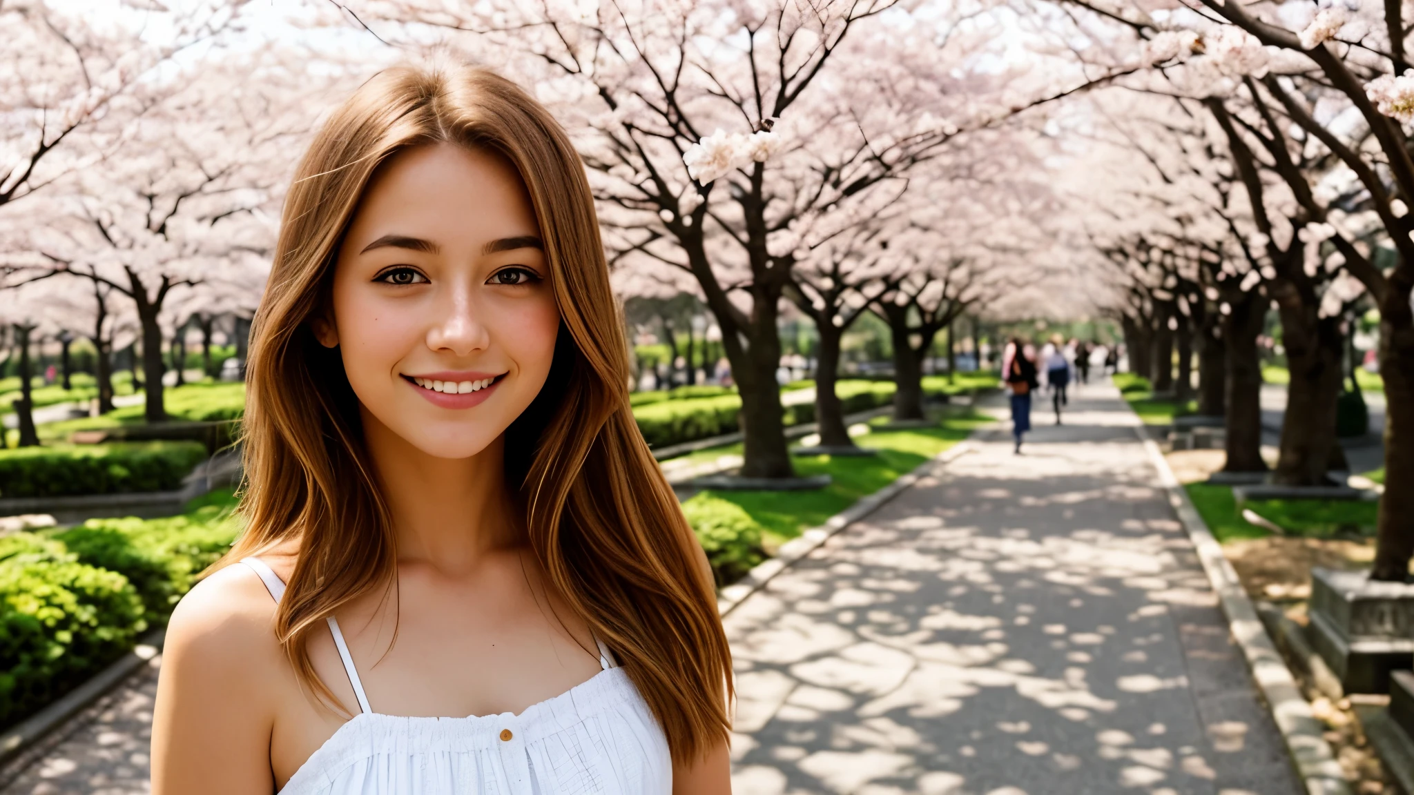 Instagram pictures, one French Girl, Shoulder length hair, with light blonde hair, Close-up photo, Walking in a public garden with cherry blossom, Japan, smiling a little,