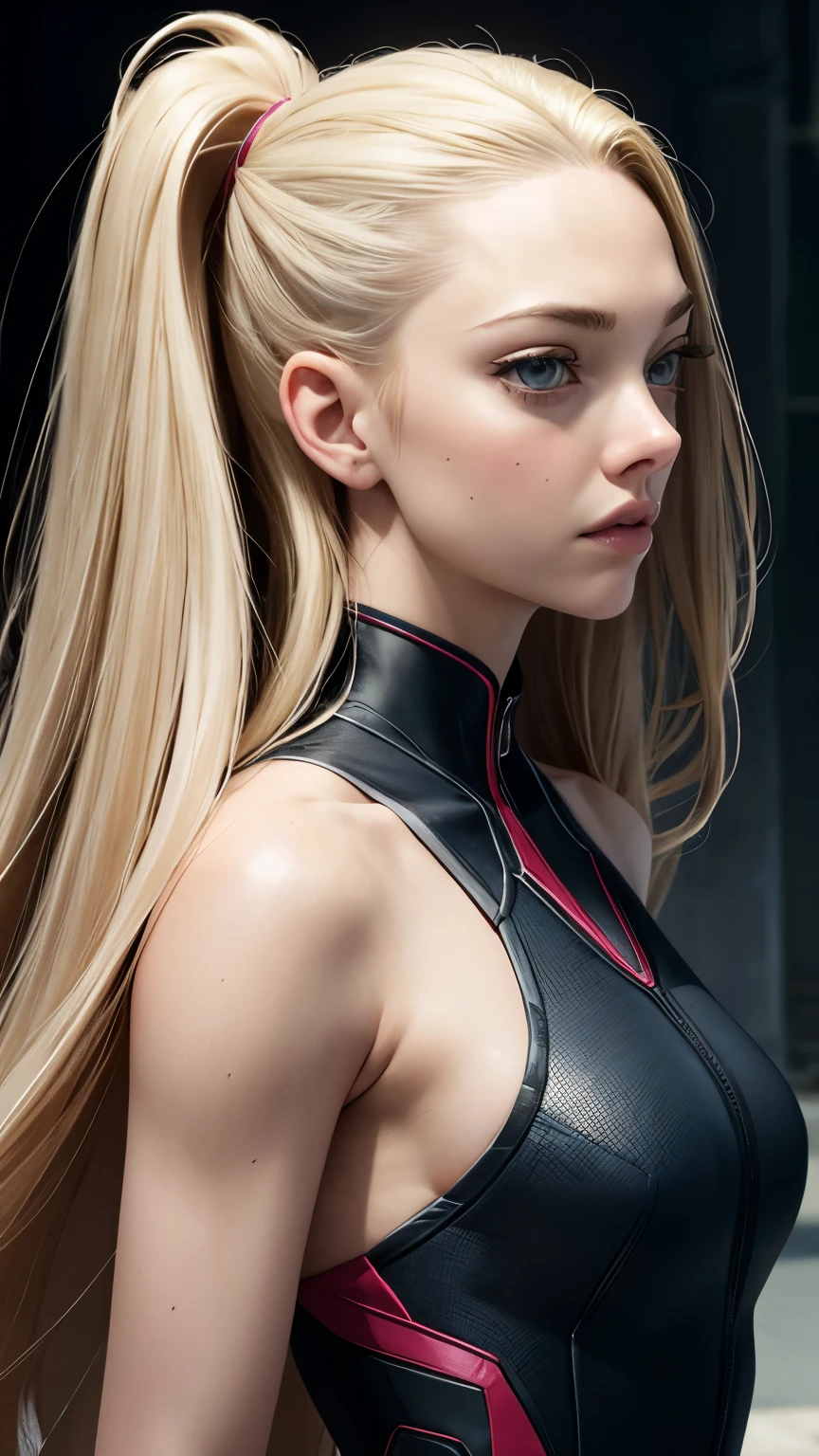 Amanda seyfried face, mystical film version, athletic body, blonde hair, straight hair, long hair, slicked back, side shot.