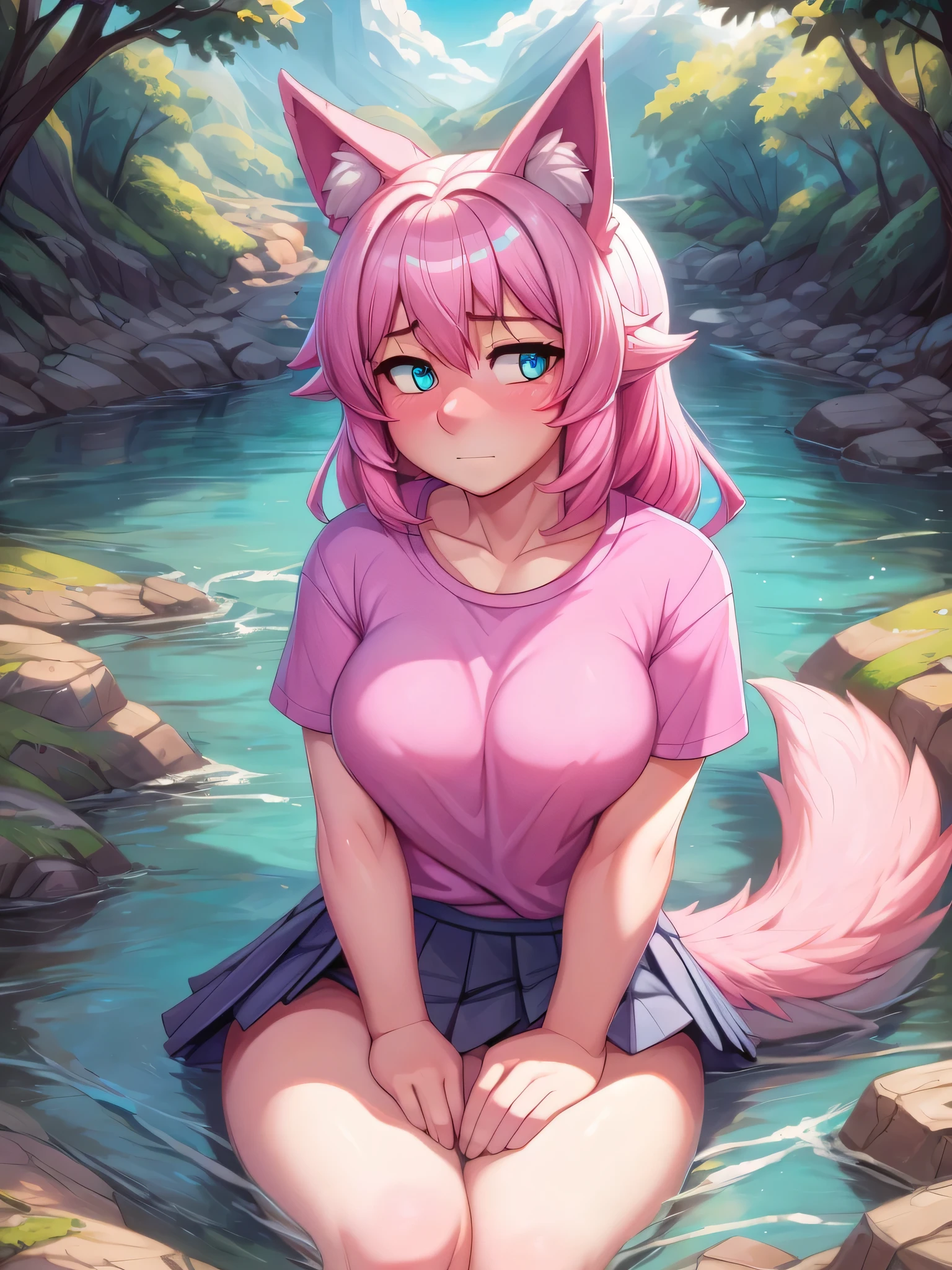 (Masterpiece) (High Detail) (High Res) A close up of A short cute humanoid girl with pale skin and turquoise eyes and long pink hair and pink dog ears and a big fluffy pink dog tail and average breasts is sat alone by a river. She is wearing an oversized t-shirt and a pleated skirt and looks shy. Pink Hair, Pink Tail.