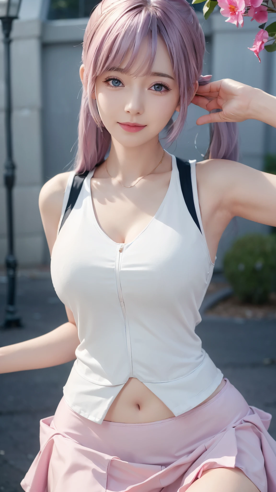 Close-up of a woman wearing a pink vest and skirt, pale milky porcelain skin, fair skin, skin smooth and translucent, anime manga girl, beautiful anime woman, surreal sweetness, white color hair , high ponytail colorful eyes, pale porcelain white skin, smooth and realistic perfect body, anime manga girl, realistic shadow perfect body, Guwitz masterpiece