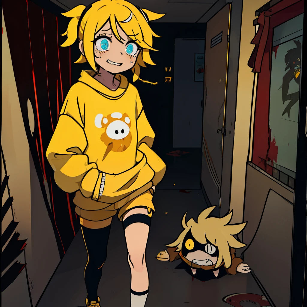 kagamine rin, kagaminerin, yellow hair, pigtails, short hair, A monstrous being an anomaly with a grotesque appearance, ((wearing baggy sweater, shorts, tennis shoes, messy hair)), monster. ugly. fear. terror. by the peeling and blood with a macabre smile and a look of despair and terror. much more sangu and horror environment, flat coloring, no shading, dark saturated colors, crying, weird disturbing expression, dilated eyes, scared expression, distorted smile, by vivinos, abandoned apartment hallway, dark, distortion, noise, grainy quality