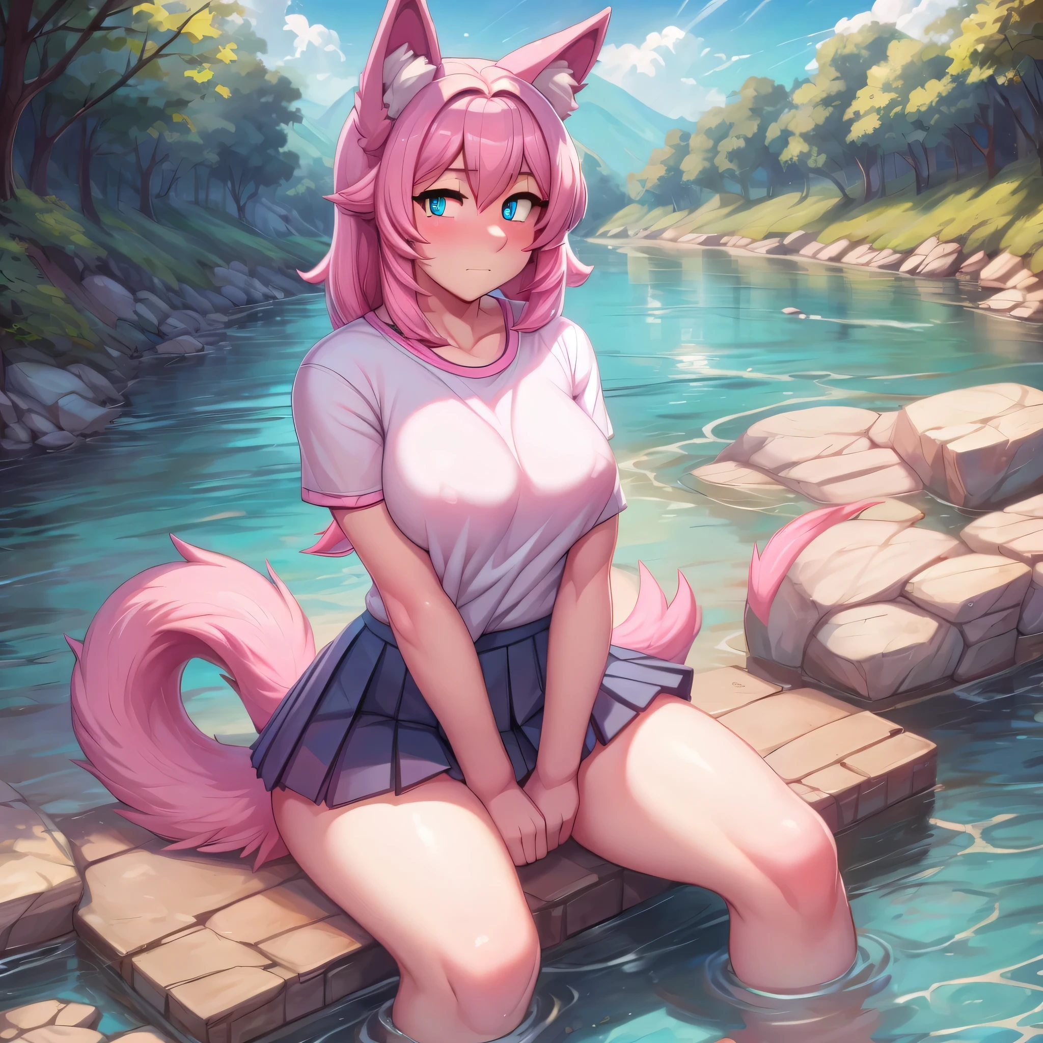 (Masterpiece) (High Detail) (High Res) A close up of A short cute humanoid girl with pale skin and turquoise eyes and long pink hair and pink dog ears and a big fluffy pink dog tail and average breasts is sat alone by a river. She is wearing an oversized t-shirt and a pleated skirt and looks shy. Pink Hair, Pink Tail.