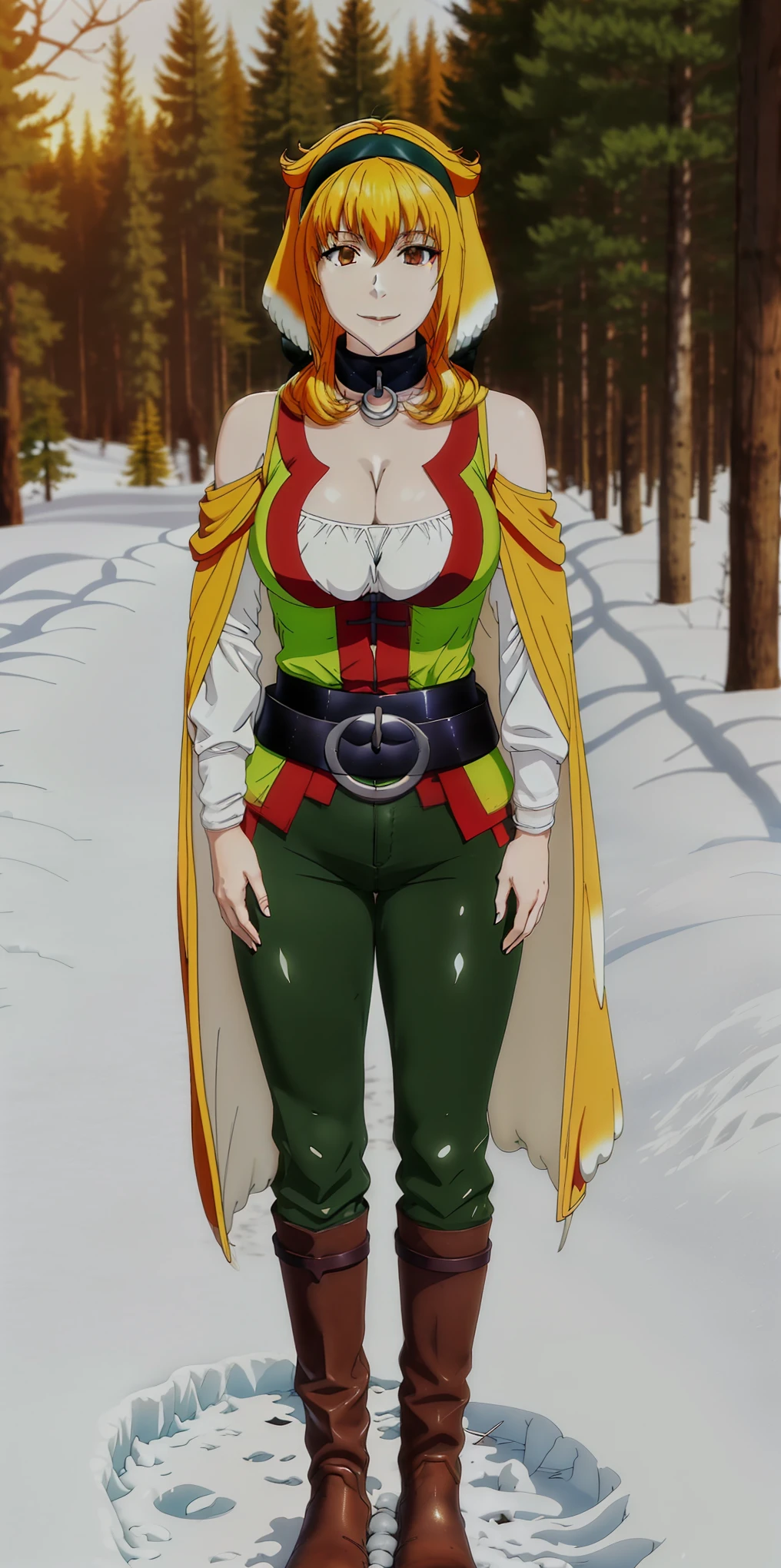 female wearing brown big leather boots full body standing straight symmetrical warrior princess, open cleavage SFW, green pants, NICE ASS, BIG KNOCKERS, big brown belt around waist, big brown belt, short hair, very white skin like snow, wearing full heavy armor red cape, adventurer outfit, hands on hips, smirking lustful smile, golden bracers, black choker, golden tiara, feet together, standing on white snow, veteran warrior, female with dog ears, fluffy ears,
